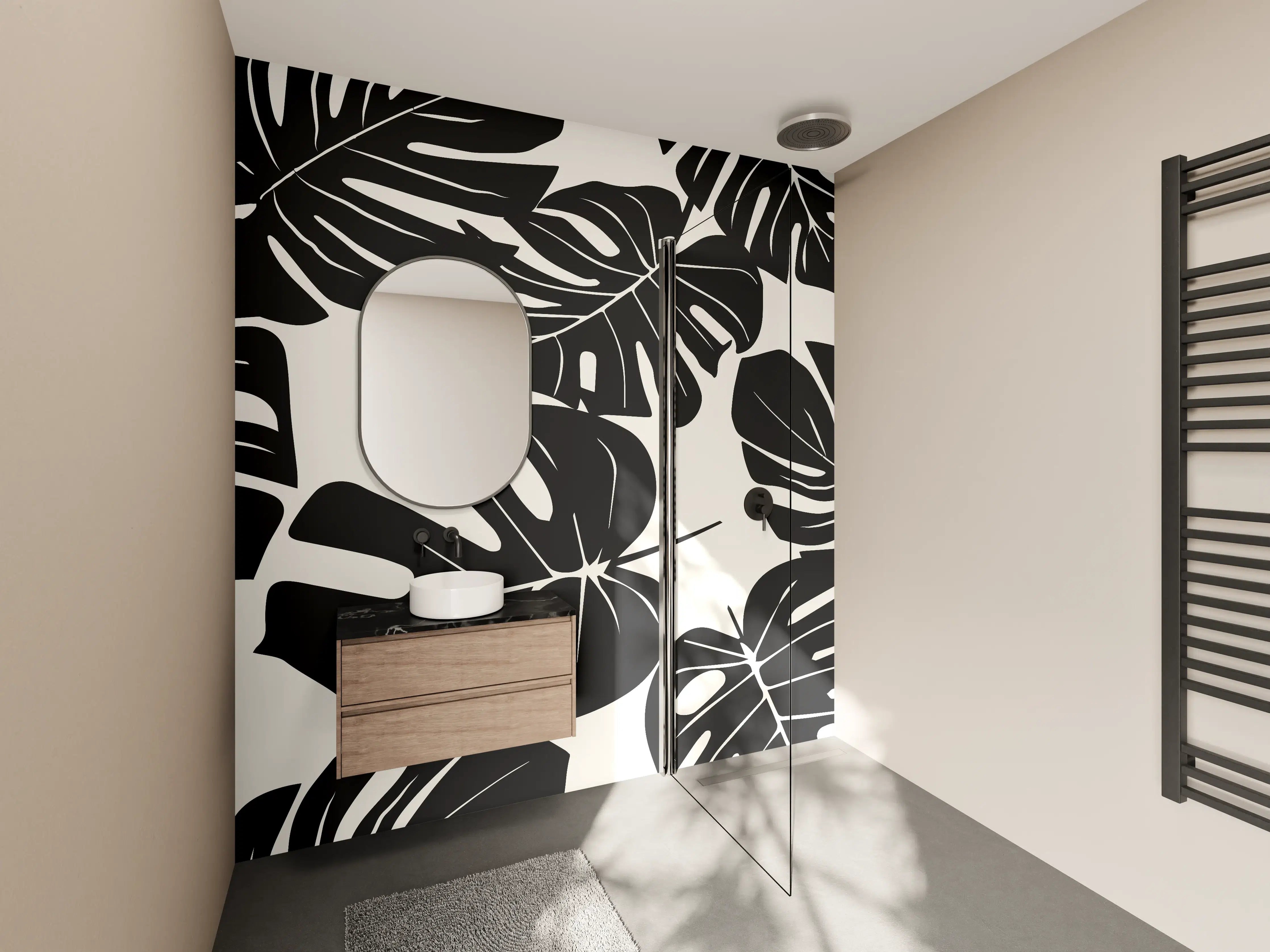 Wandverkleidung Bad - Monstera Schwarz-Beige Muster