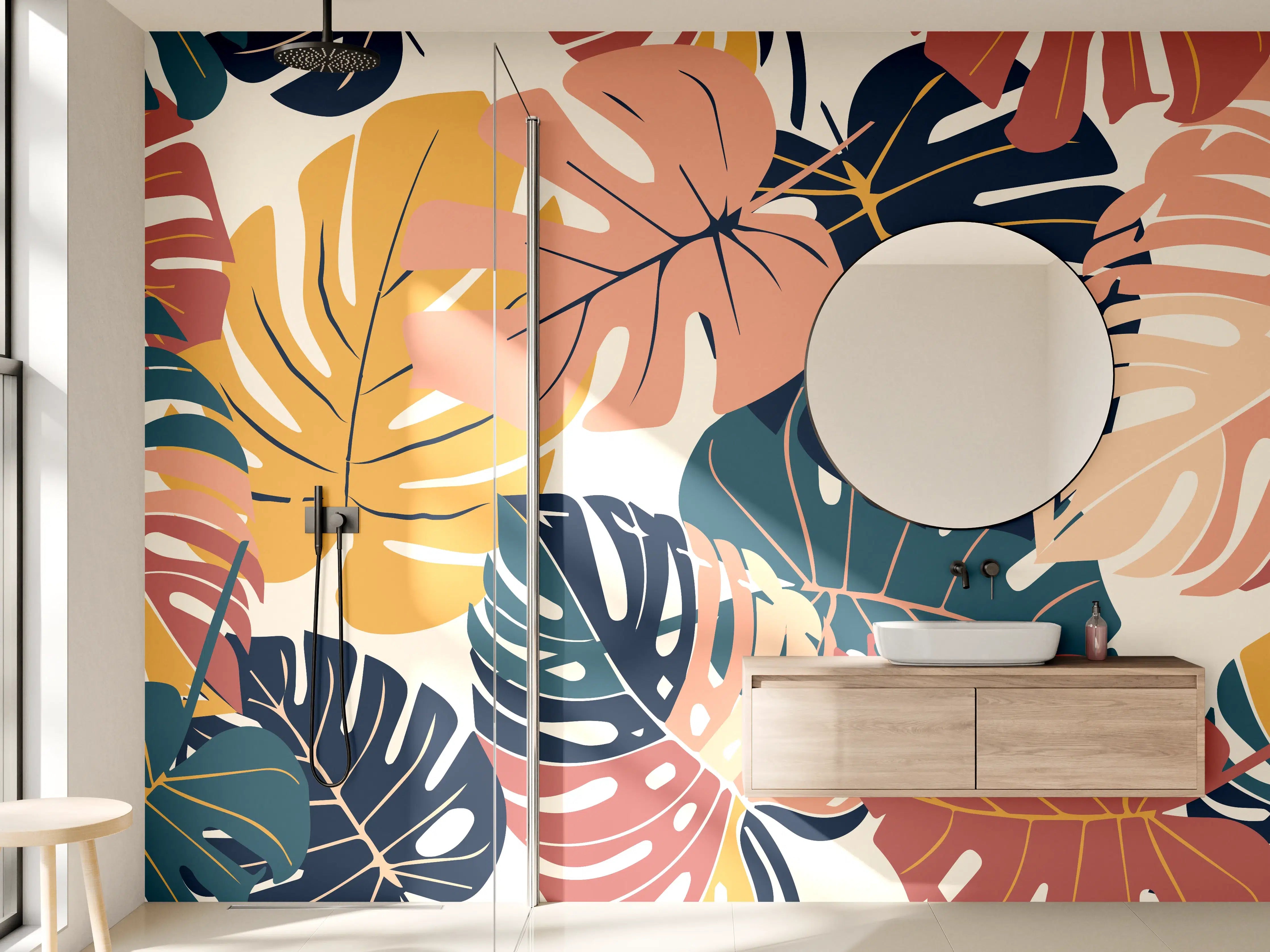 Wandverkleidung Bad - Monstera Tropic Koralle Türkis