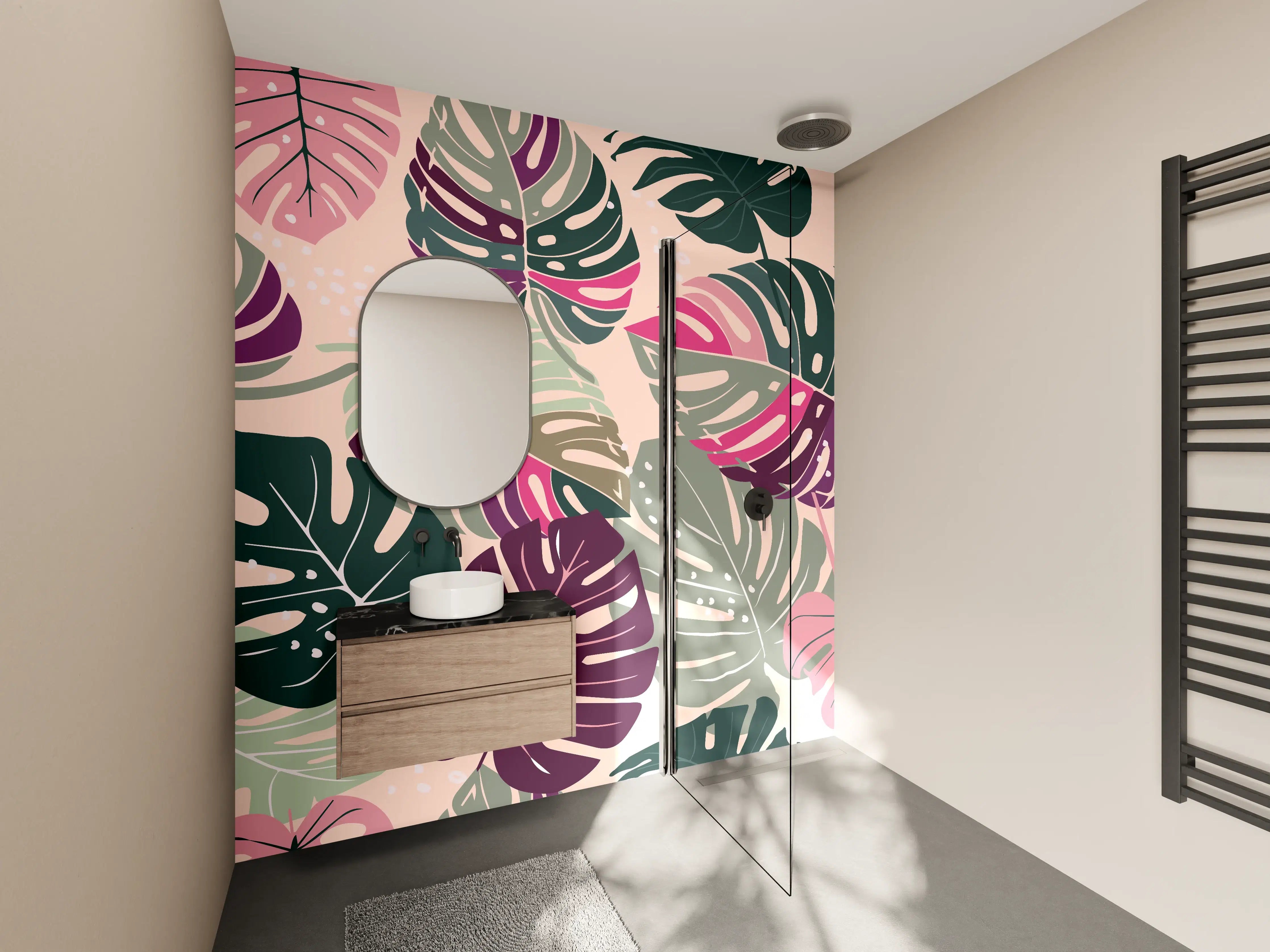 Wandverkleidung Bad - Monstera Tropic Rosa-Grün
