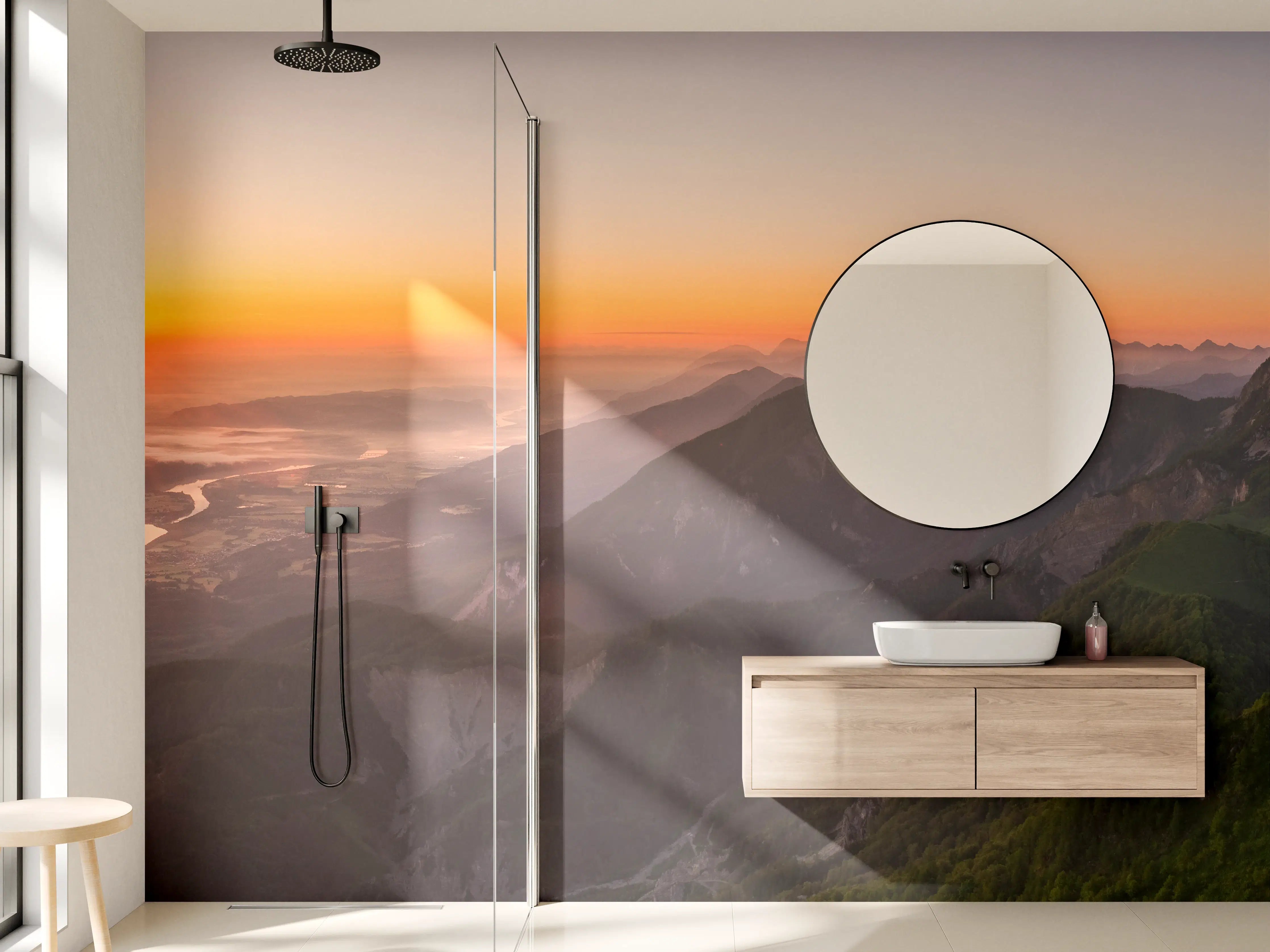 Wandverkleidung Bad - Morgenblick über Bergkette bei Sonnenaufgang