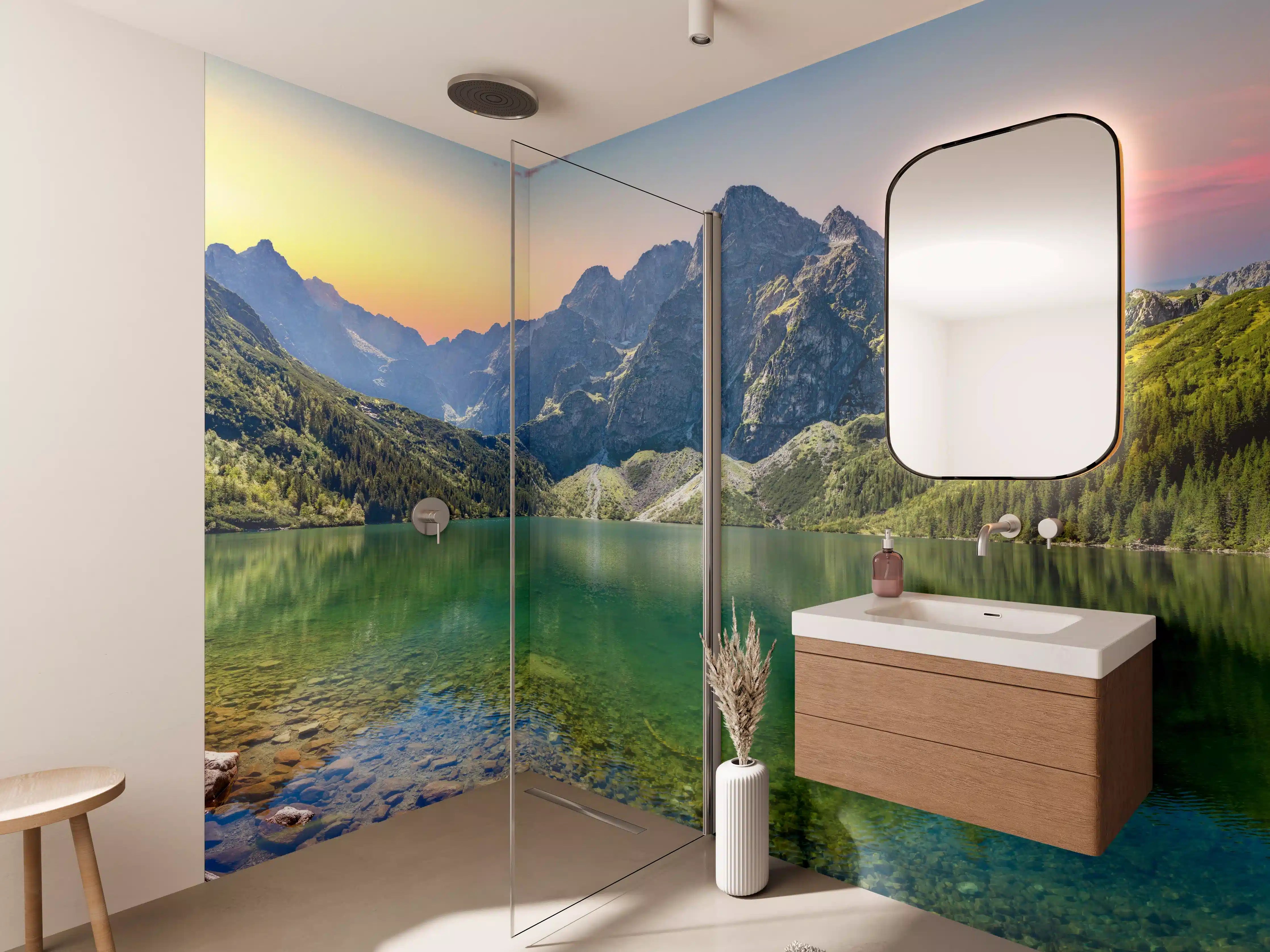 Wandverkleidung Bad - Morgenlicht am grauen Bergsee