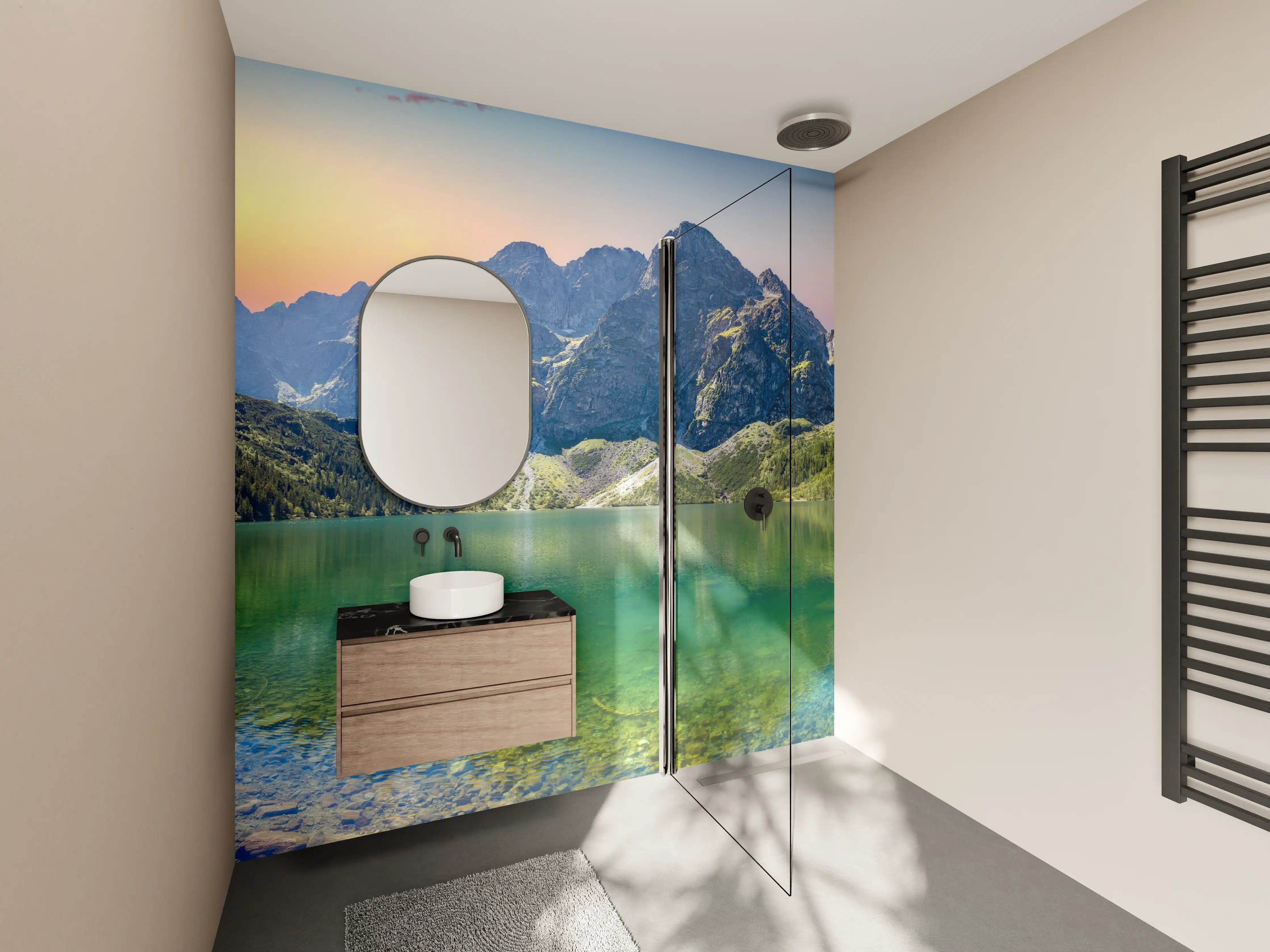 Wandverkleidung Bad - Morgenlicht am grauen Bergsee