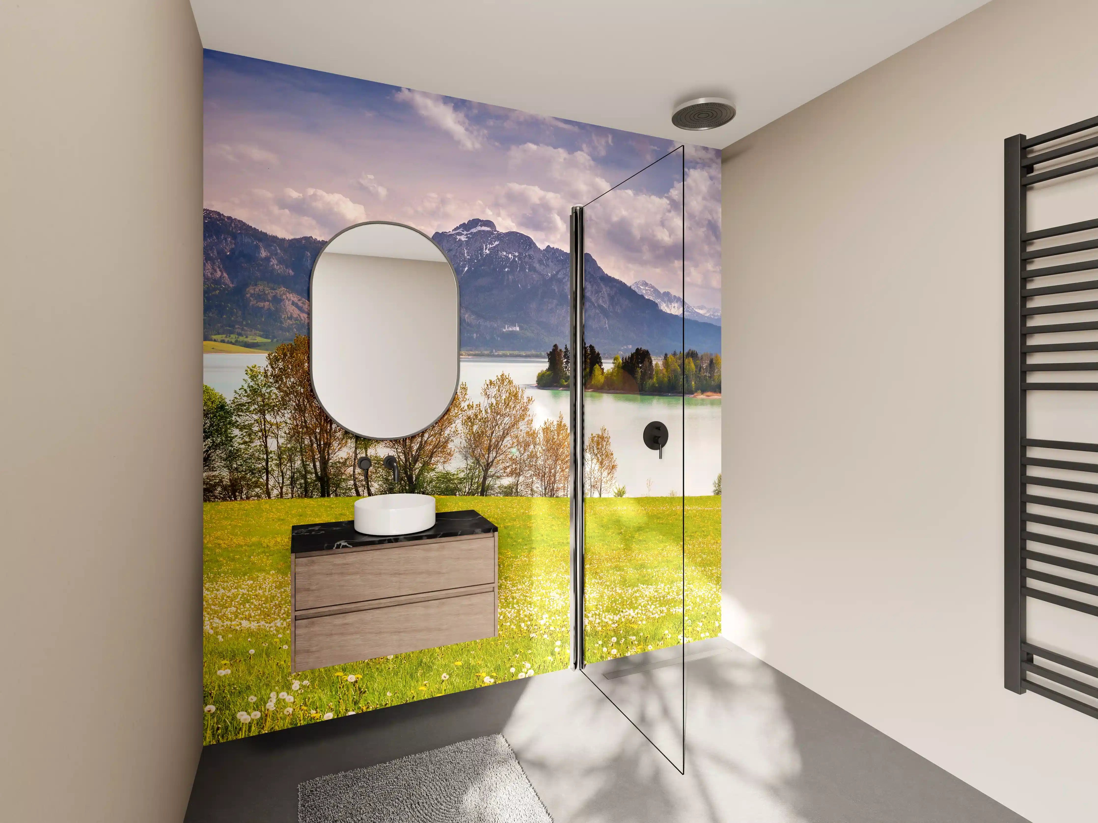 Wandverkleidung Bad - Morgenlicht am stillen See