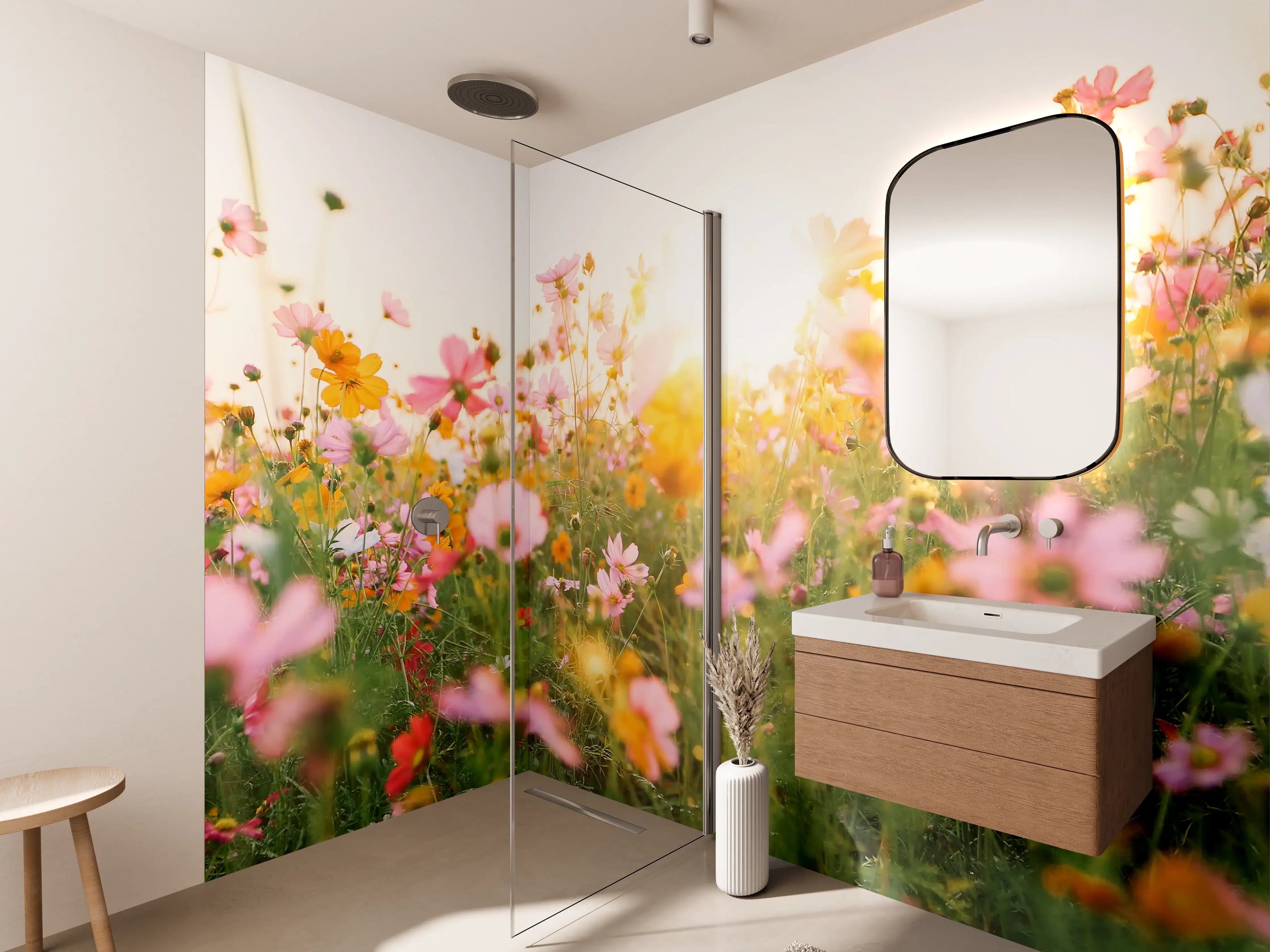 Wandverkleidung Bad - Morgenlicht auf grauer Blumenwiese