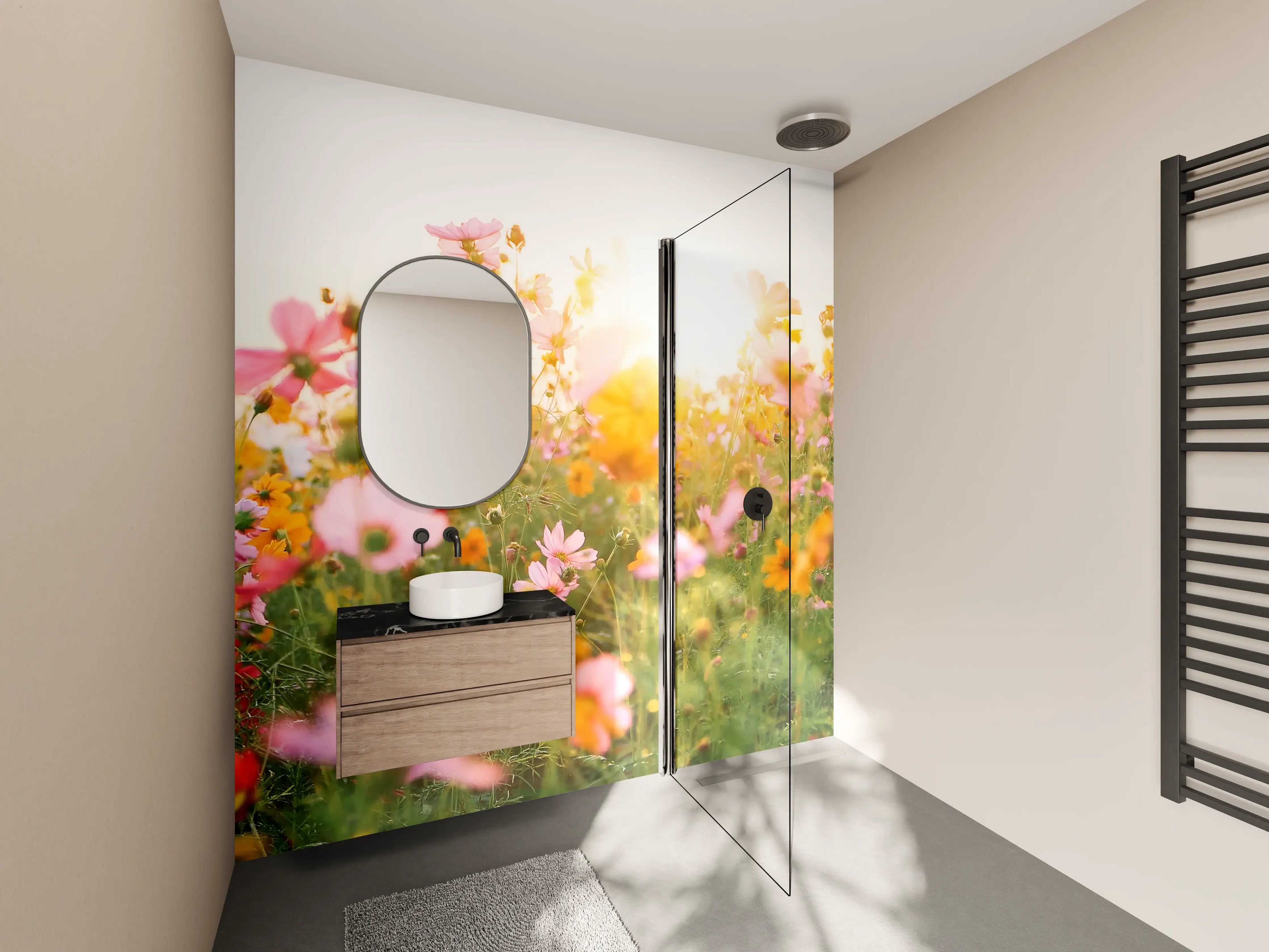 Wandverkleidung Bad - Morgenlicht auf grauer Blumenwiese