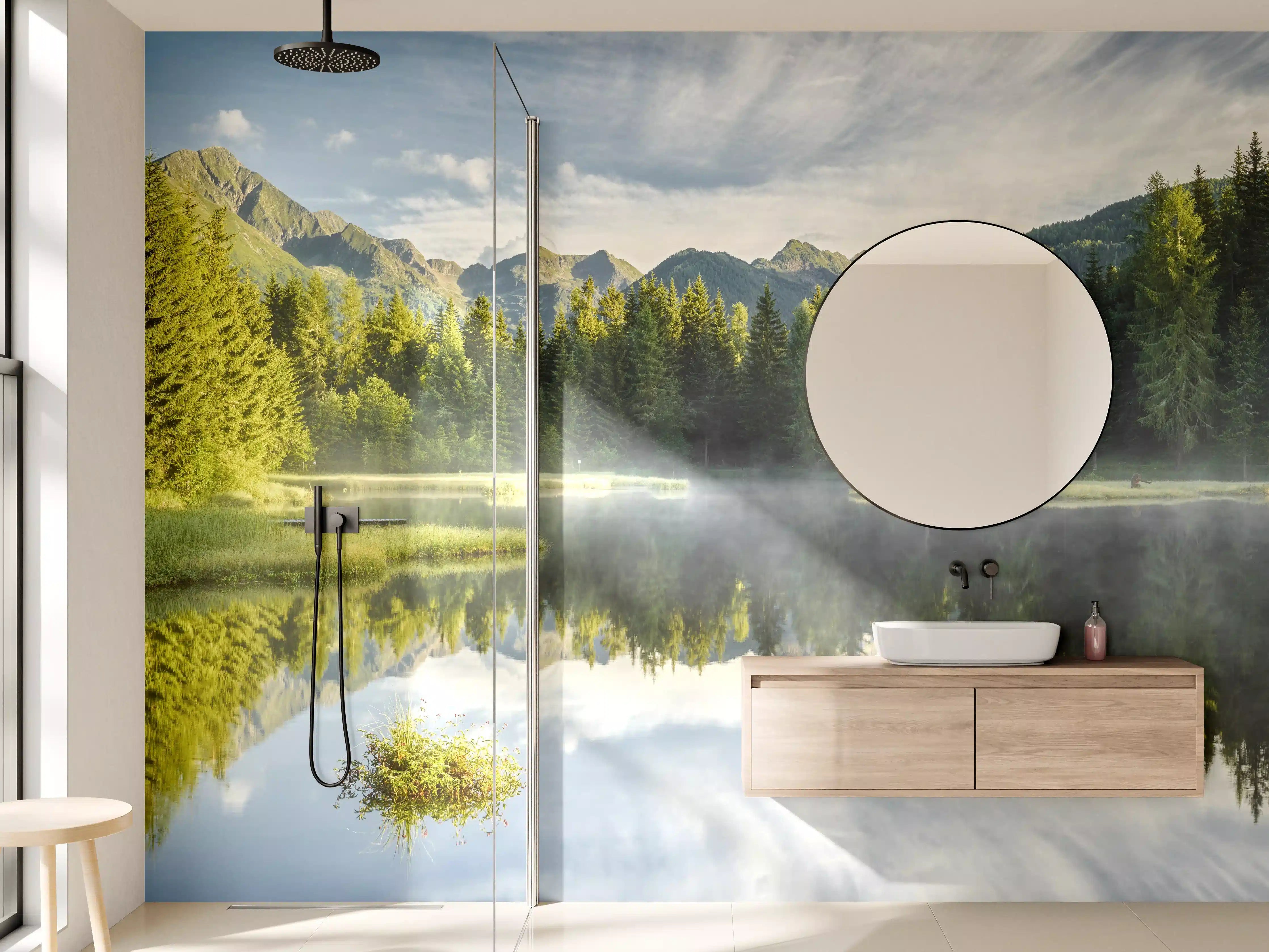 Wandverkleidung Bad - Morgennebel über dem ruhigen See