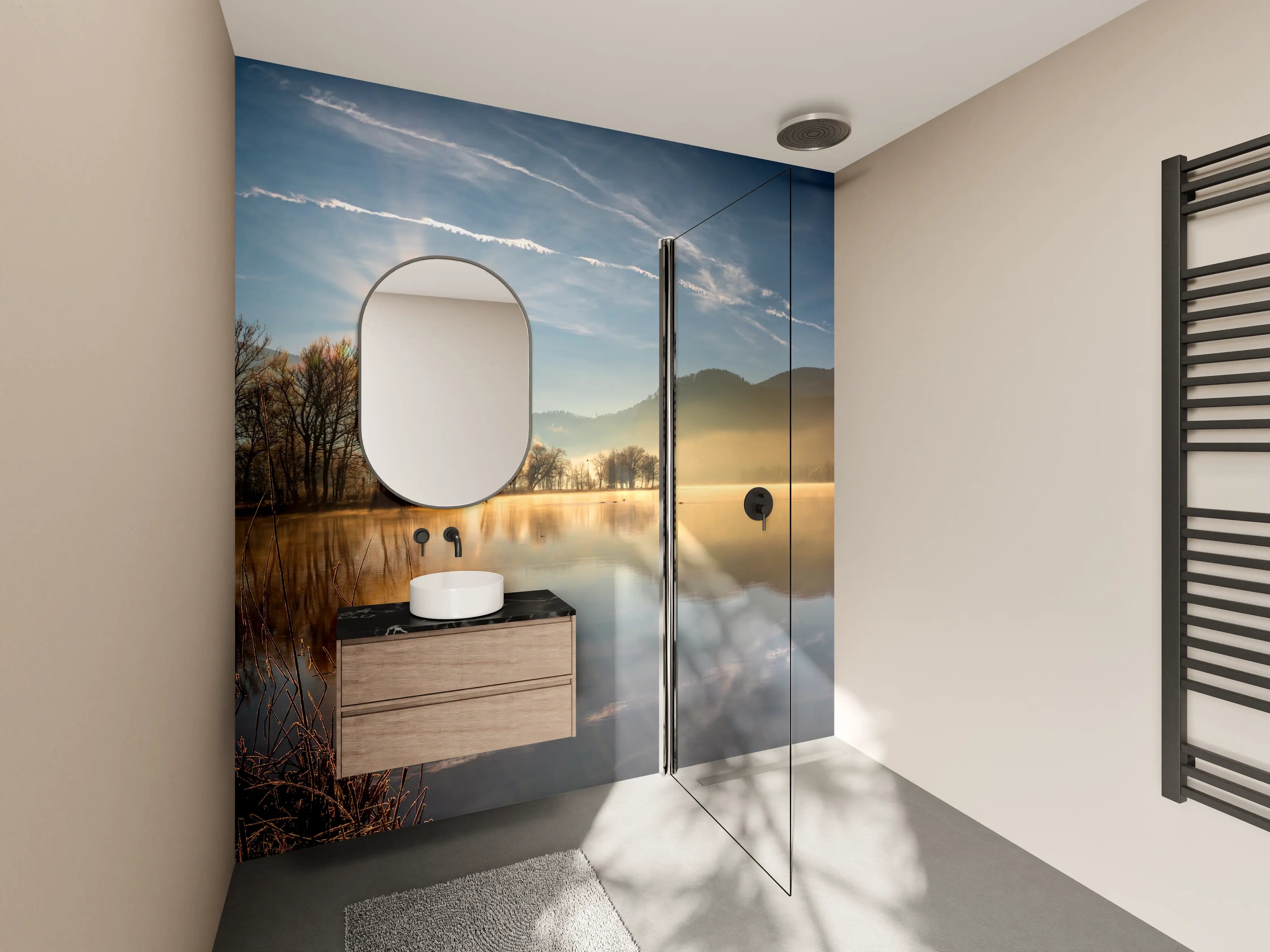 Wandverkleidung Bad - Morgensonnenblick auf den Bayerischen Kochelsee