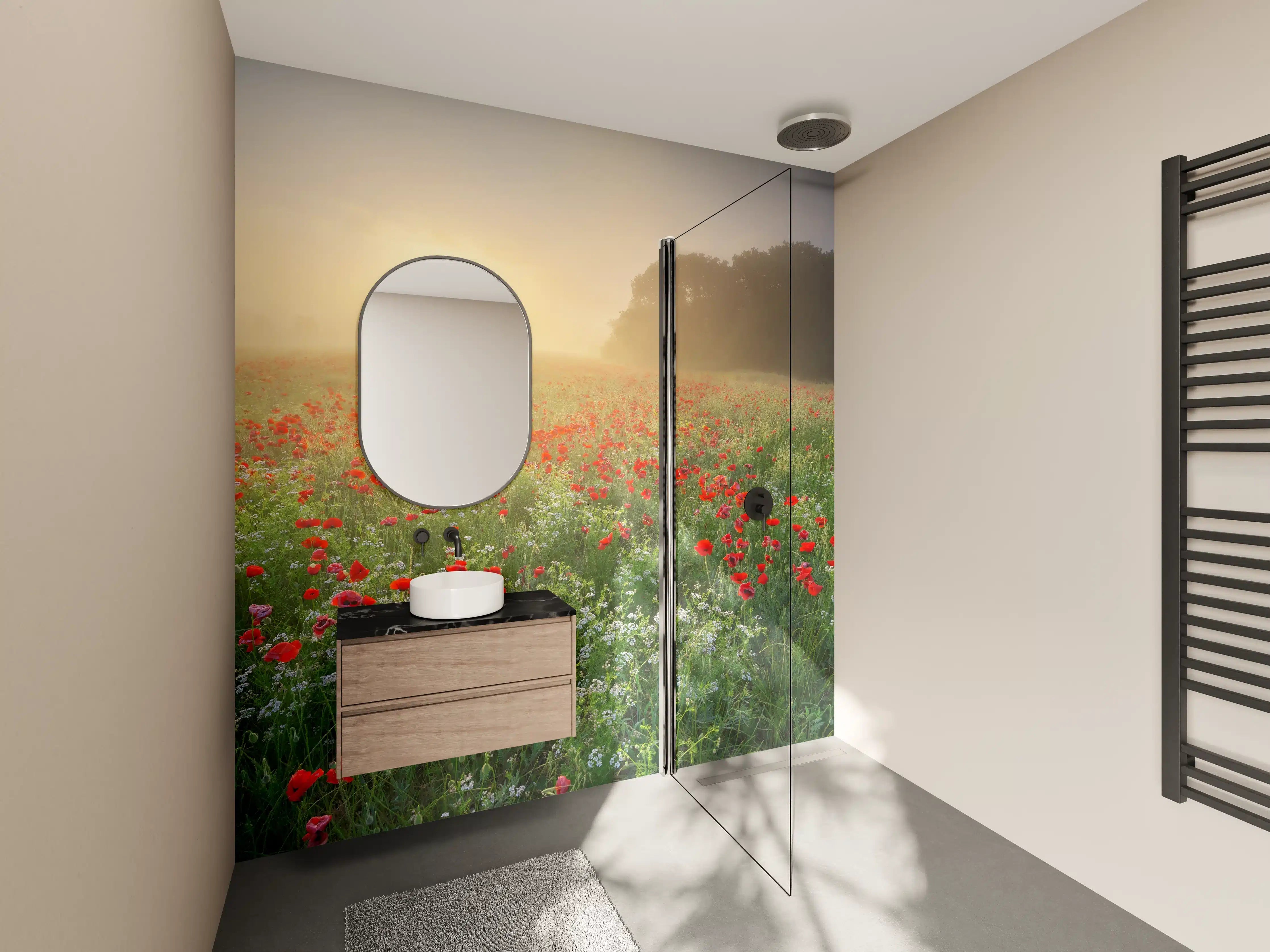 Wandverkleidung Bad - Morgenstimmung im Feld mit roten Mohnblumen