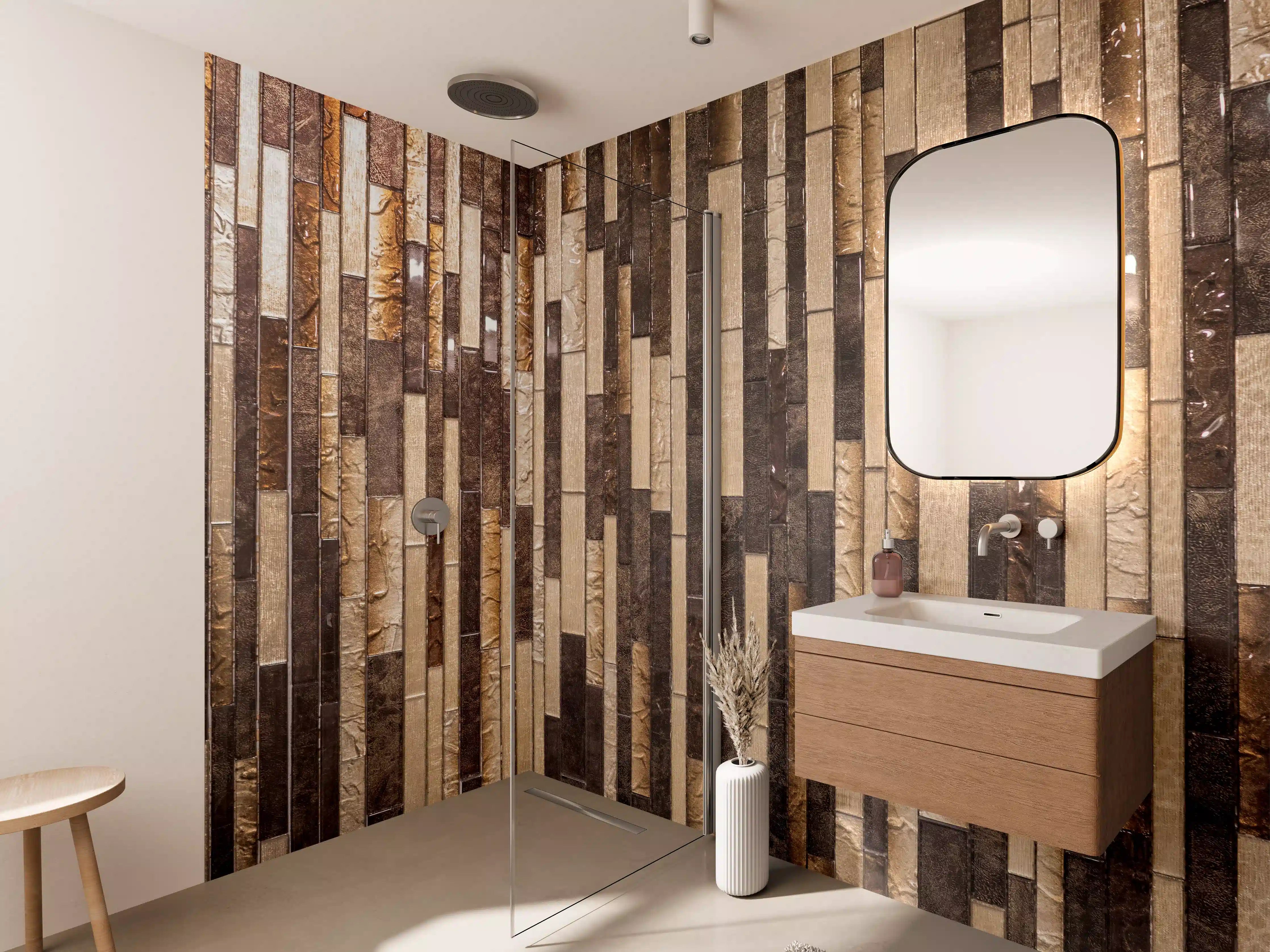 Wandverkleidung Bad - Mosaik Holzoptik Braun Beige