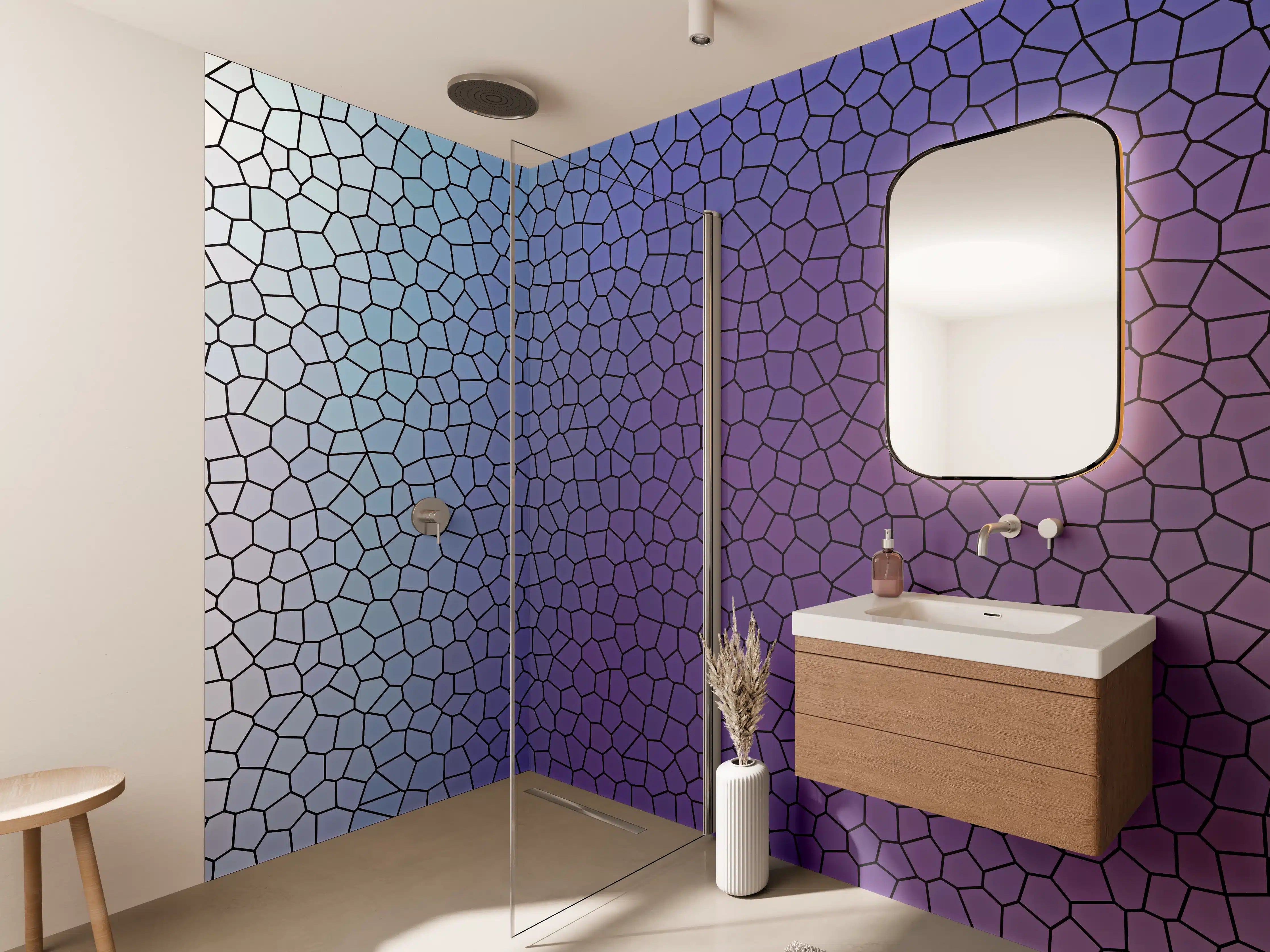 Wandverkleidung Bad - Mosaik mit lila-bläulichem Übergang