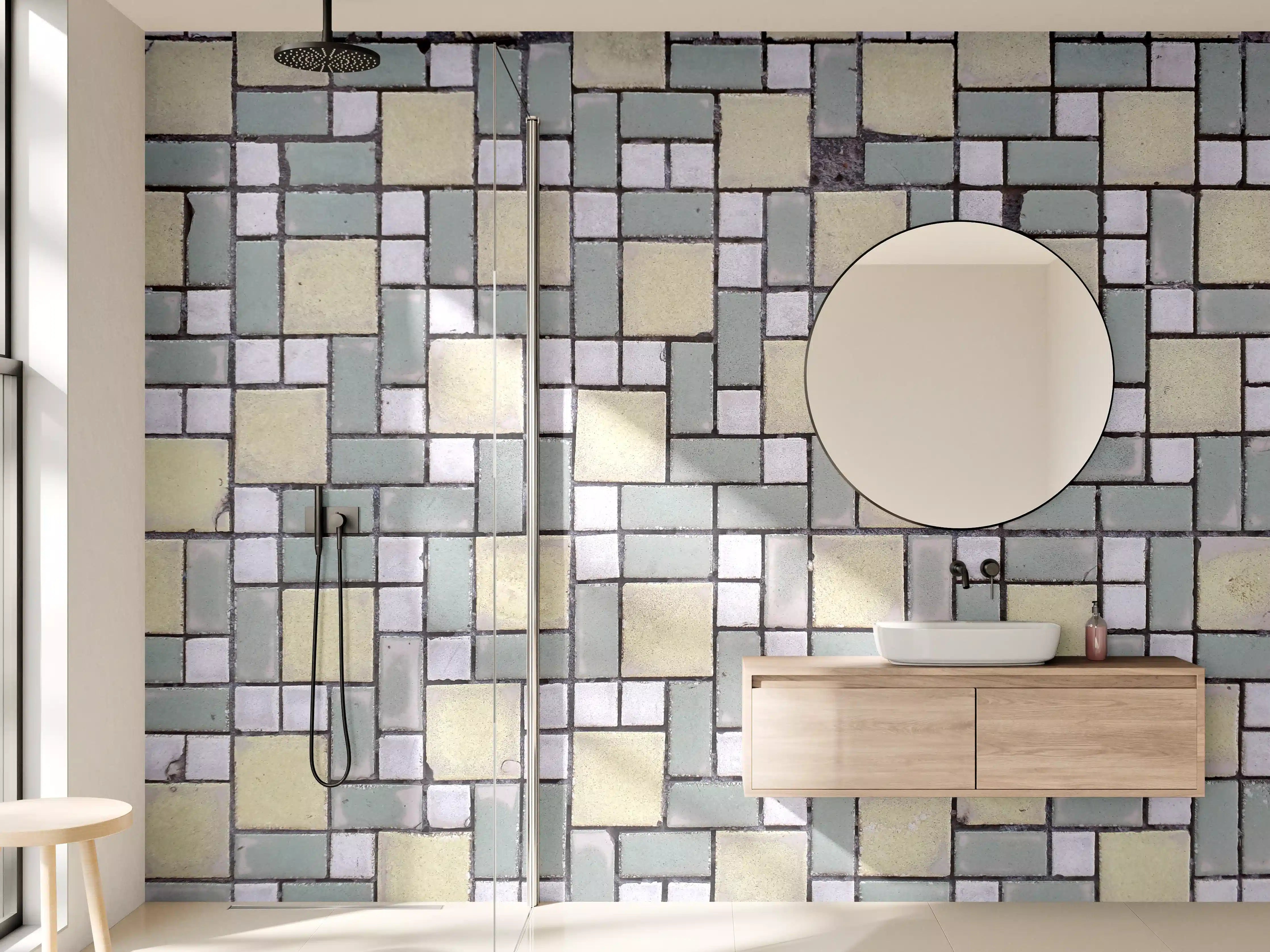 Wandverkleidung Bad - Mosaikartige Fliesenstruktur in Pastellfarben