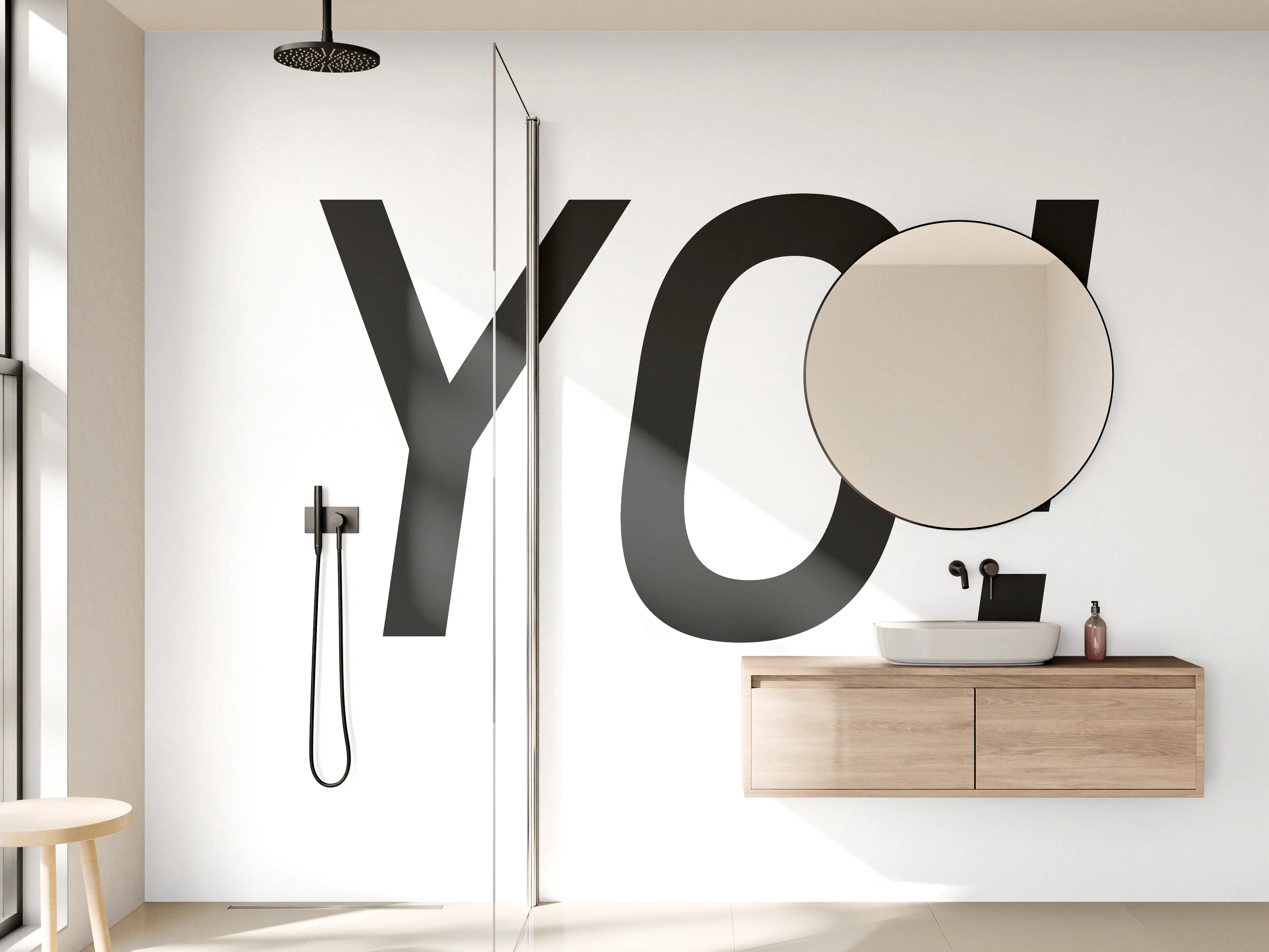 Wandverkleidung Bad - Motivational 'YO!' Schwarz-Weiß-Design