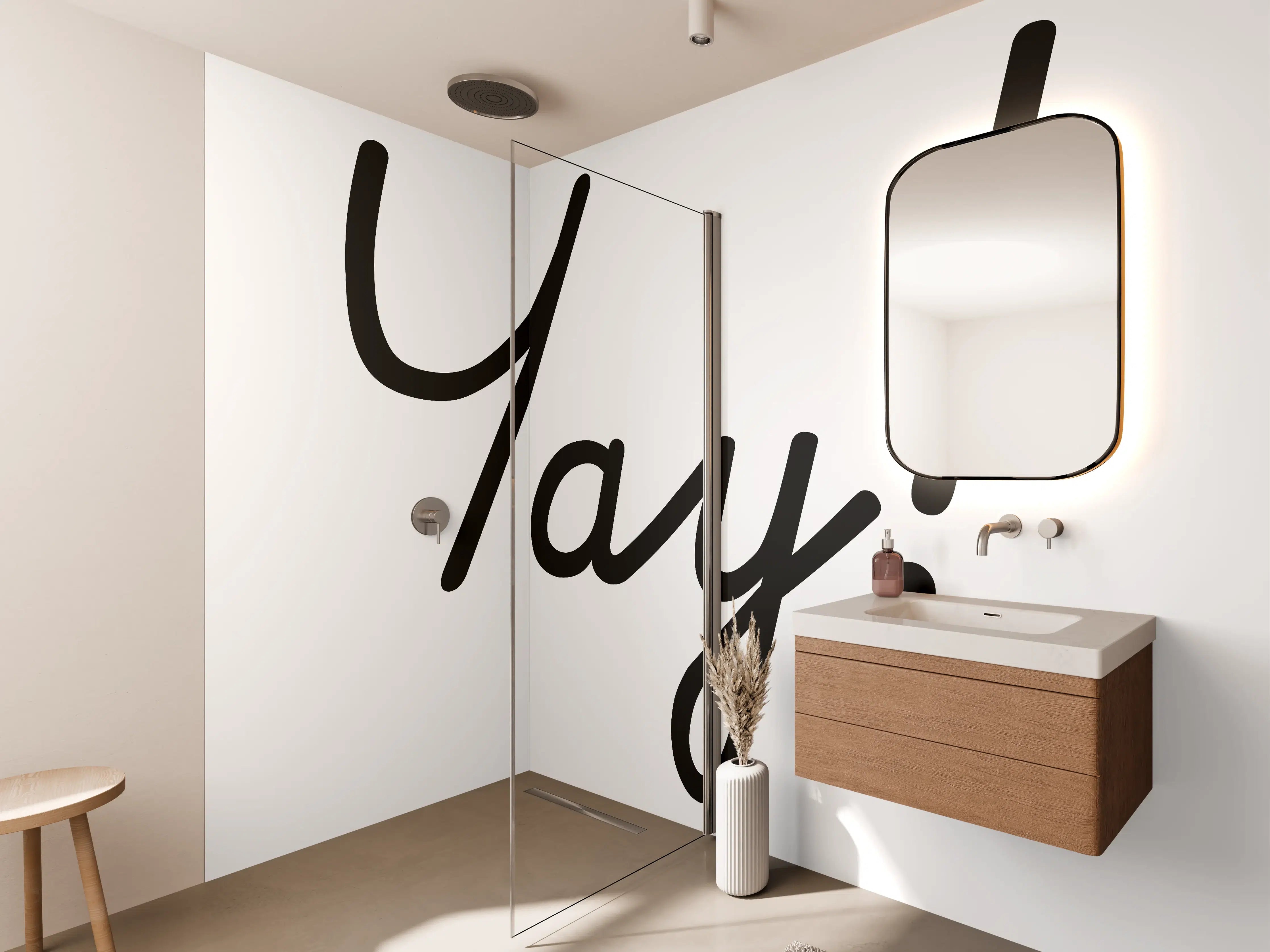Wandverkleidung Bad - Motivationaler 'Yay!' Typo-Druck