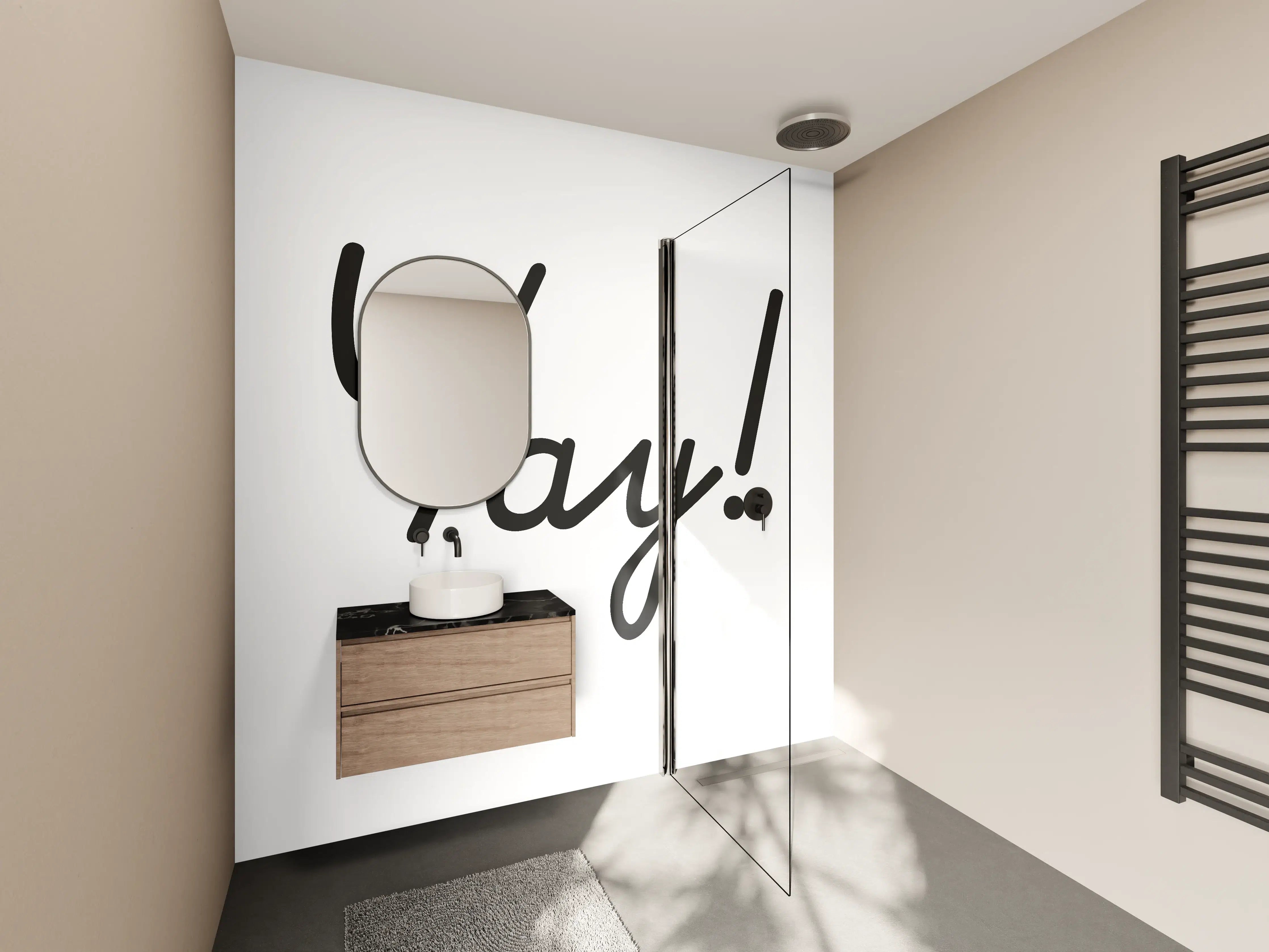 Wandverkleidung Bad - Motivationaler 'Yay!' Typo-Druck