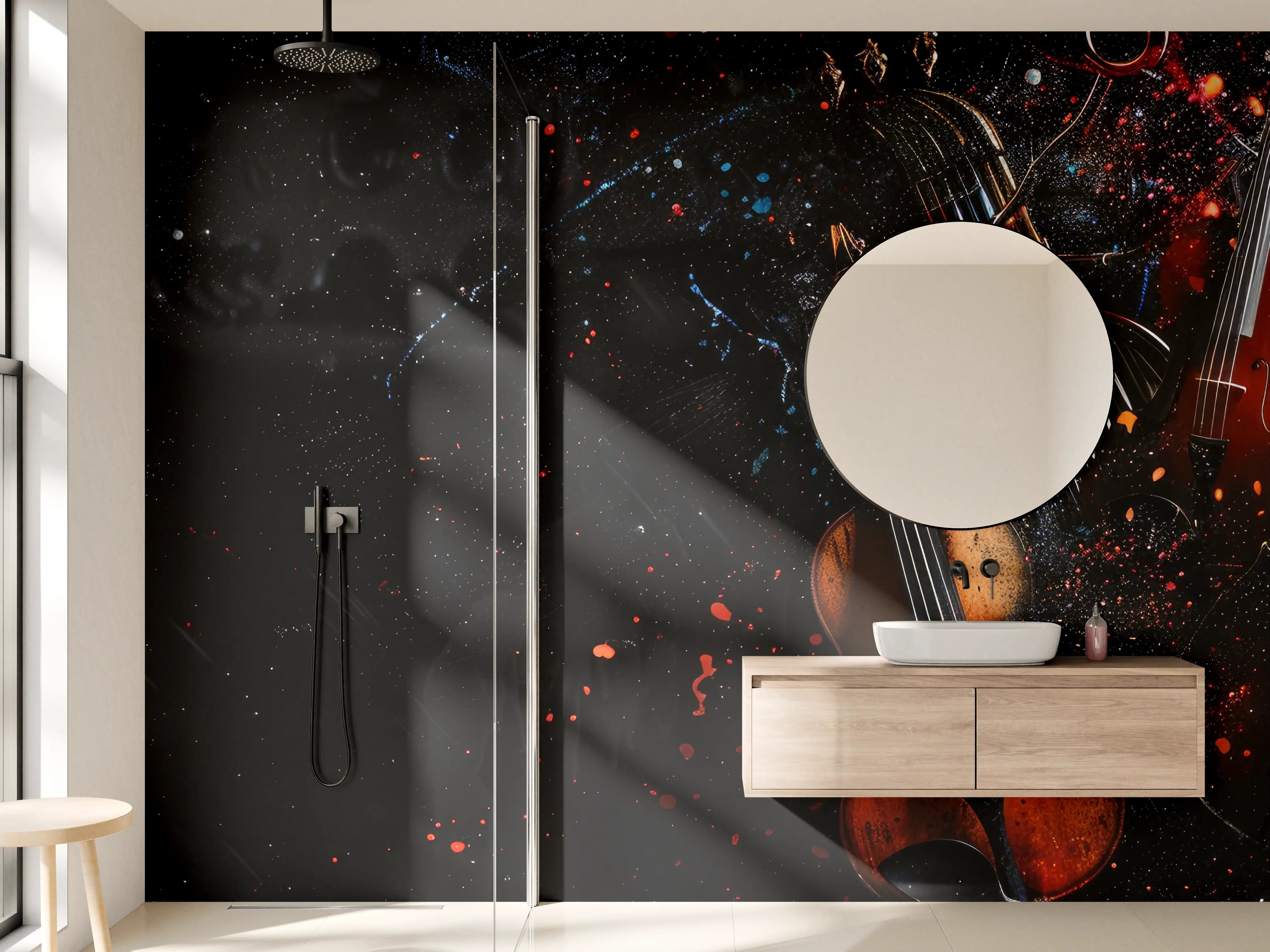 Wandverkleidung Bad - Musikinstrumente in dunkler Atmosphäre