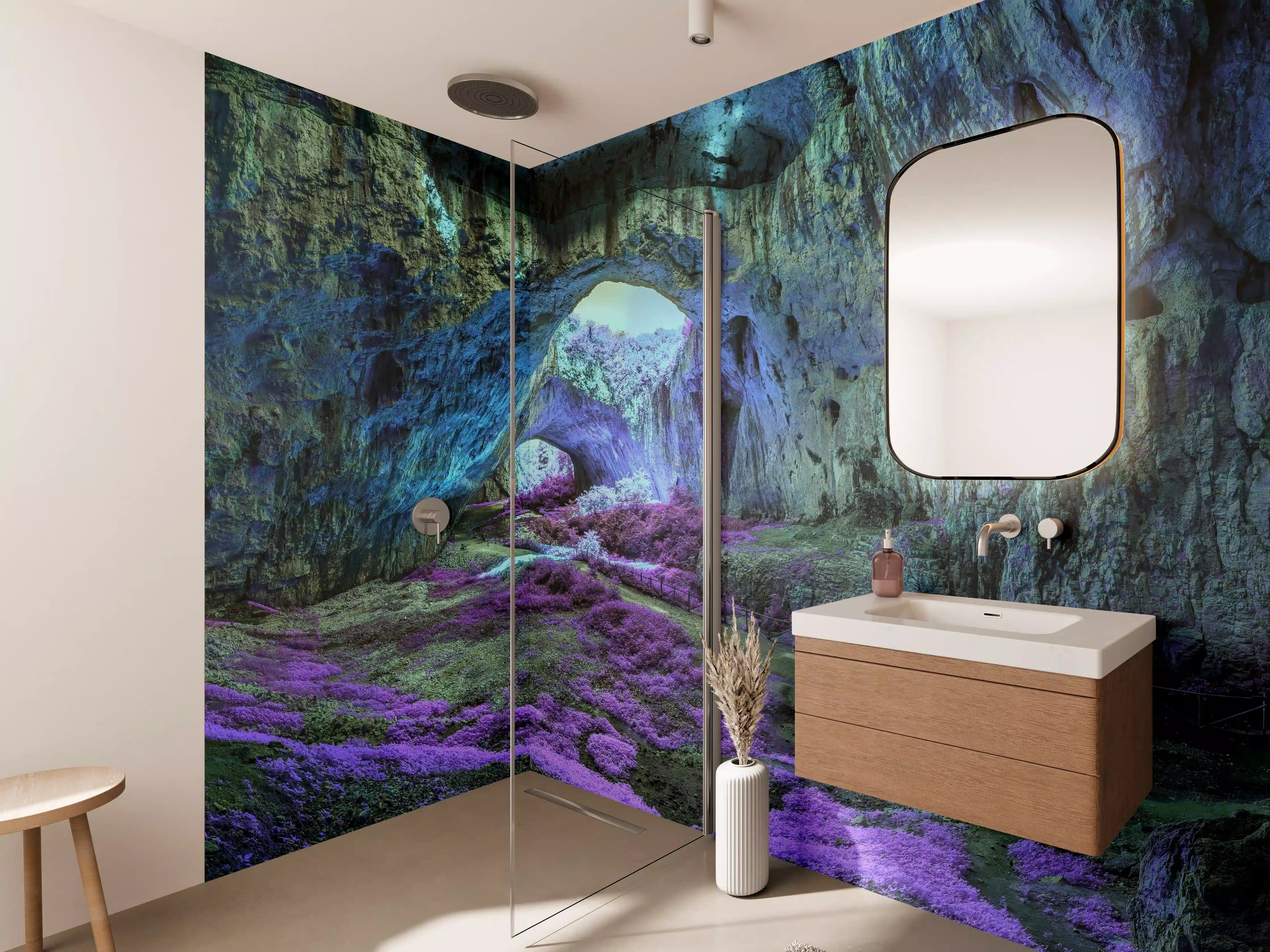 Wandverkleidung Bad - Mystische Höhle in fantastisch leuchtenden Farben