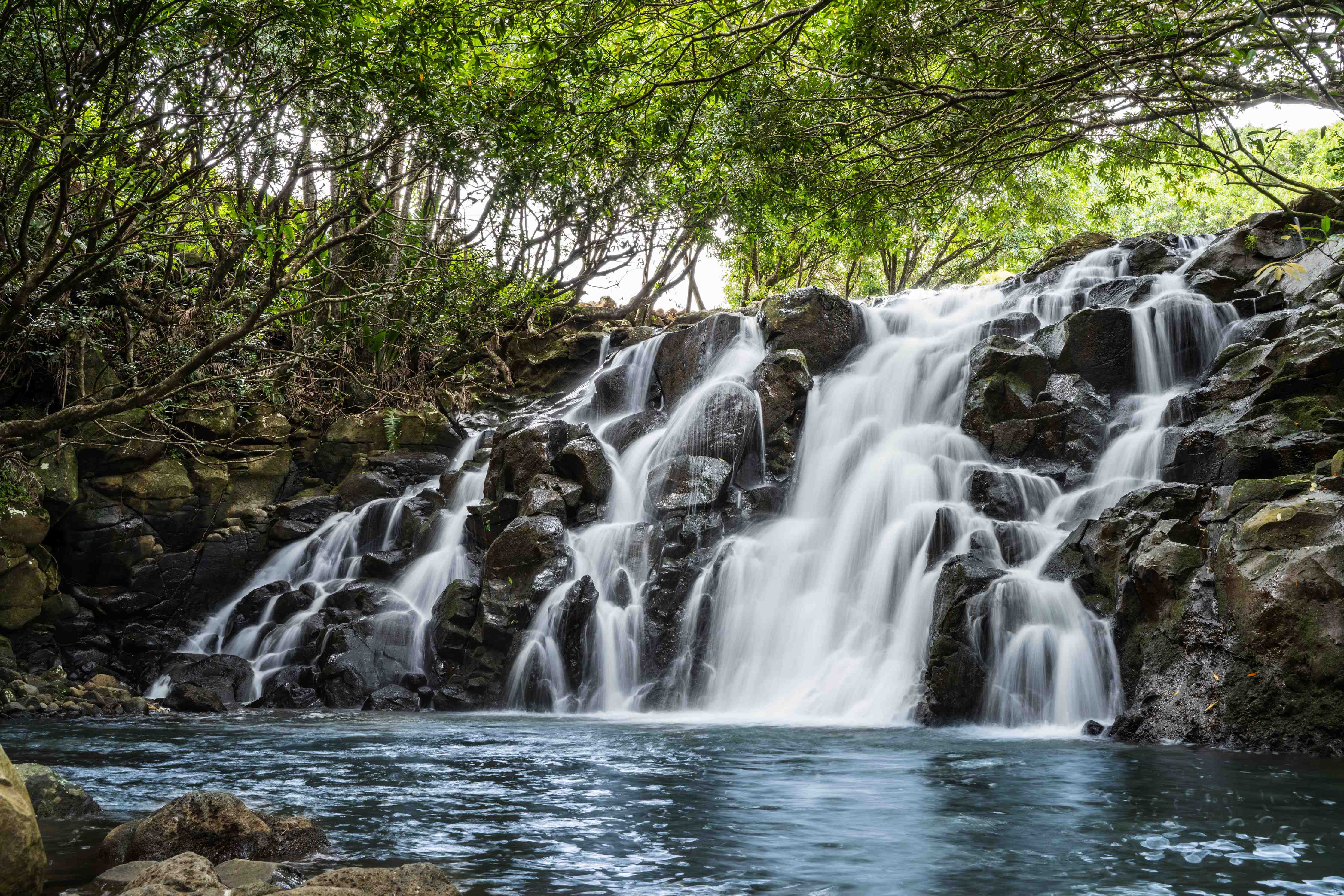 Wandverkleidung Bad-Mystischer Wasserfall im grünen Dschungel