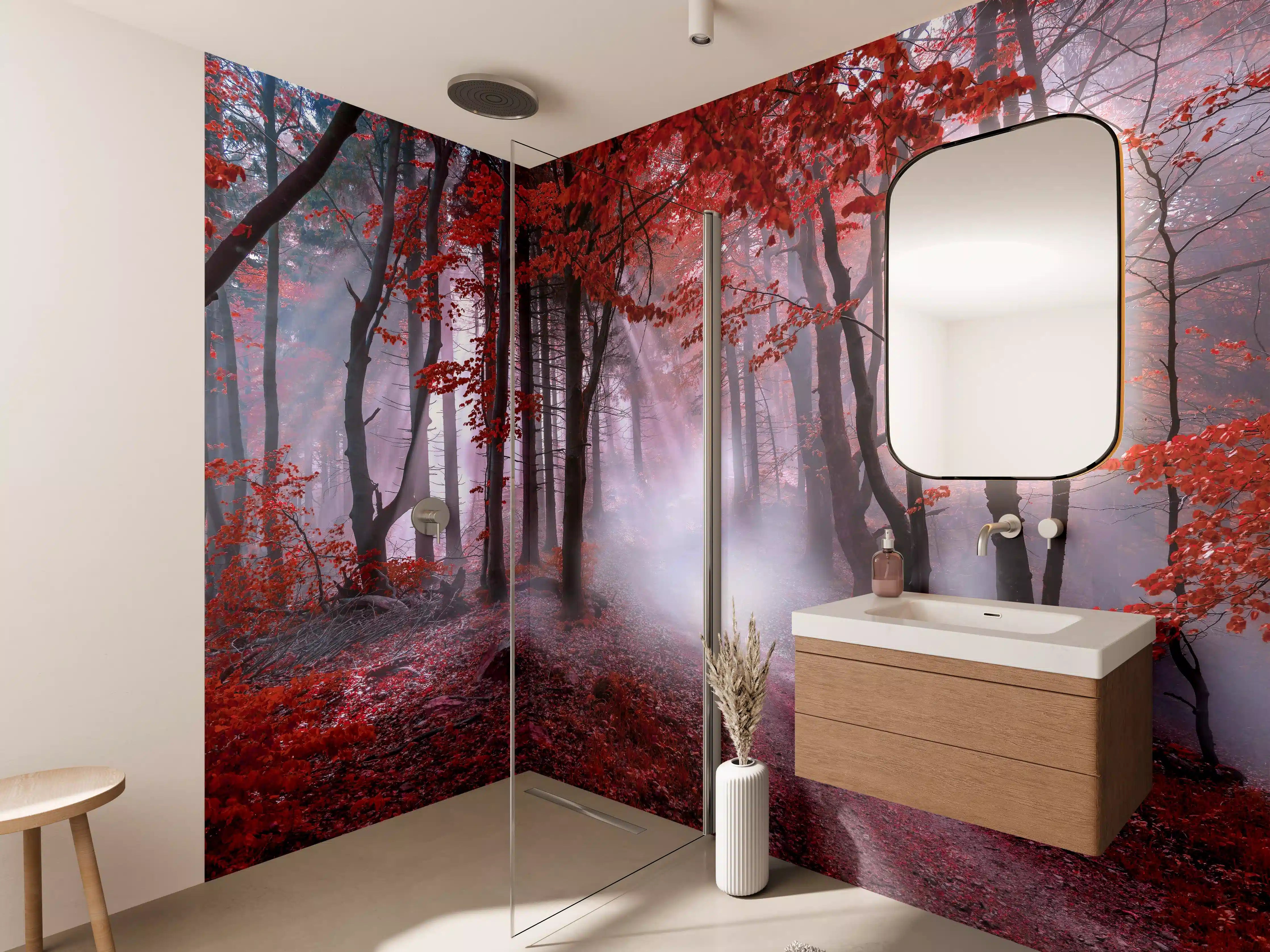 Wandverkleidung Bad - Mystischer roter Wald