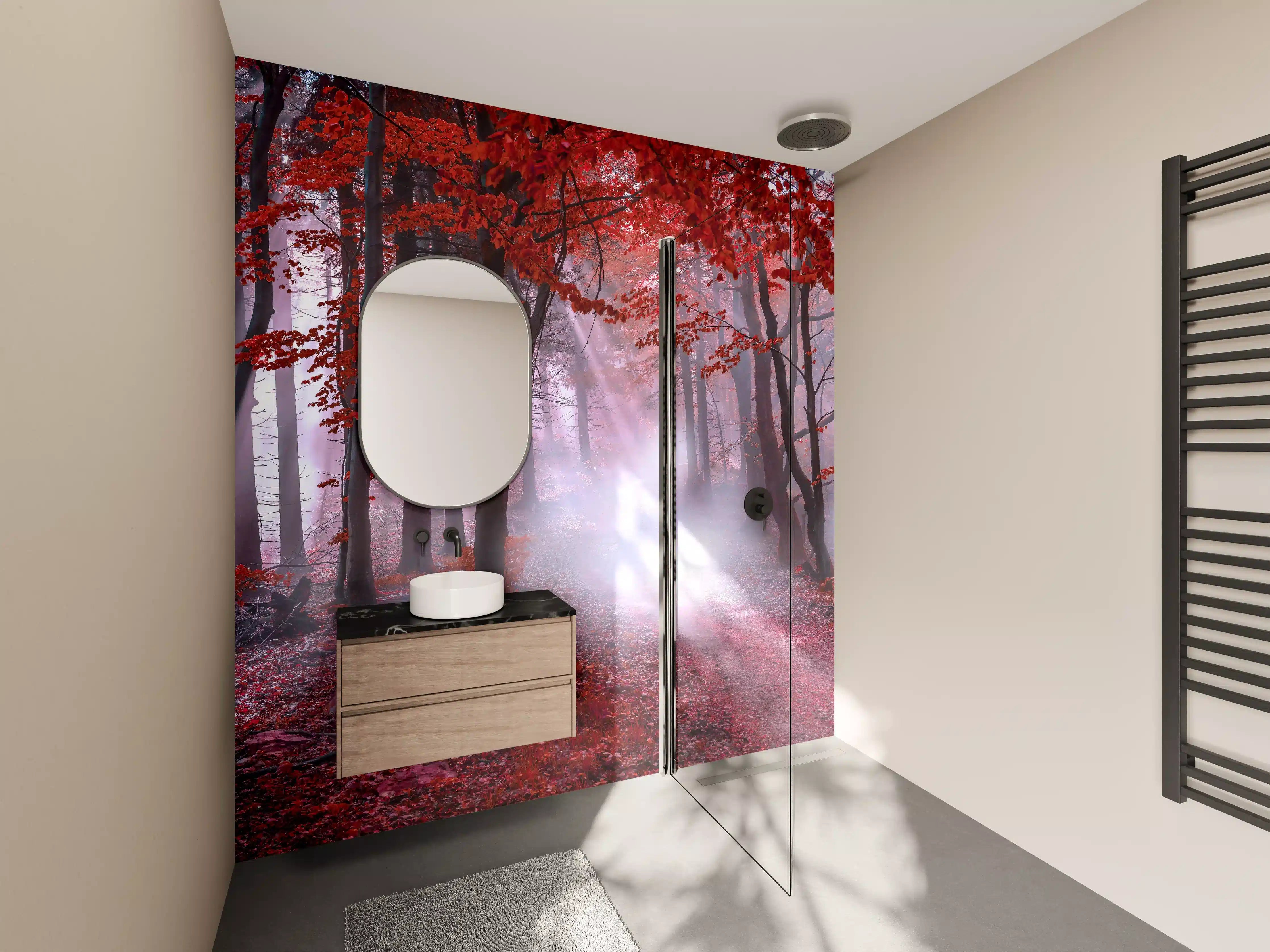 Wandverkleidung Bad - Mystischer roter Wald