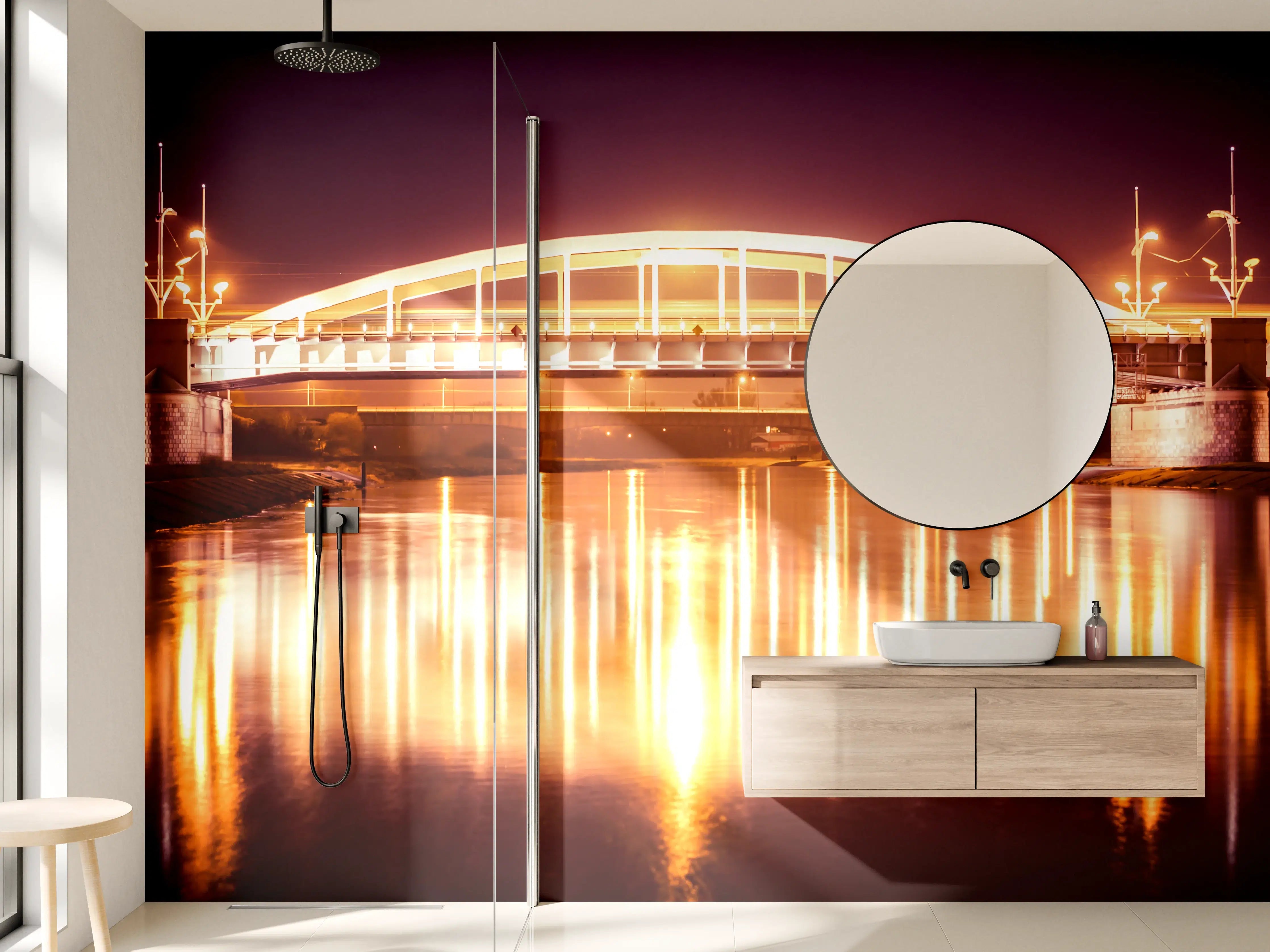 Wandverkleidung Bad - Nacht Blick auf eine Brücke über den Fluss Warta in Posen
