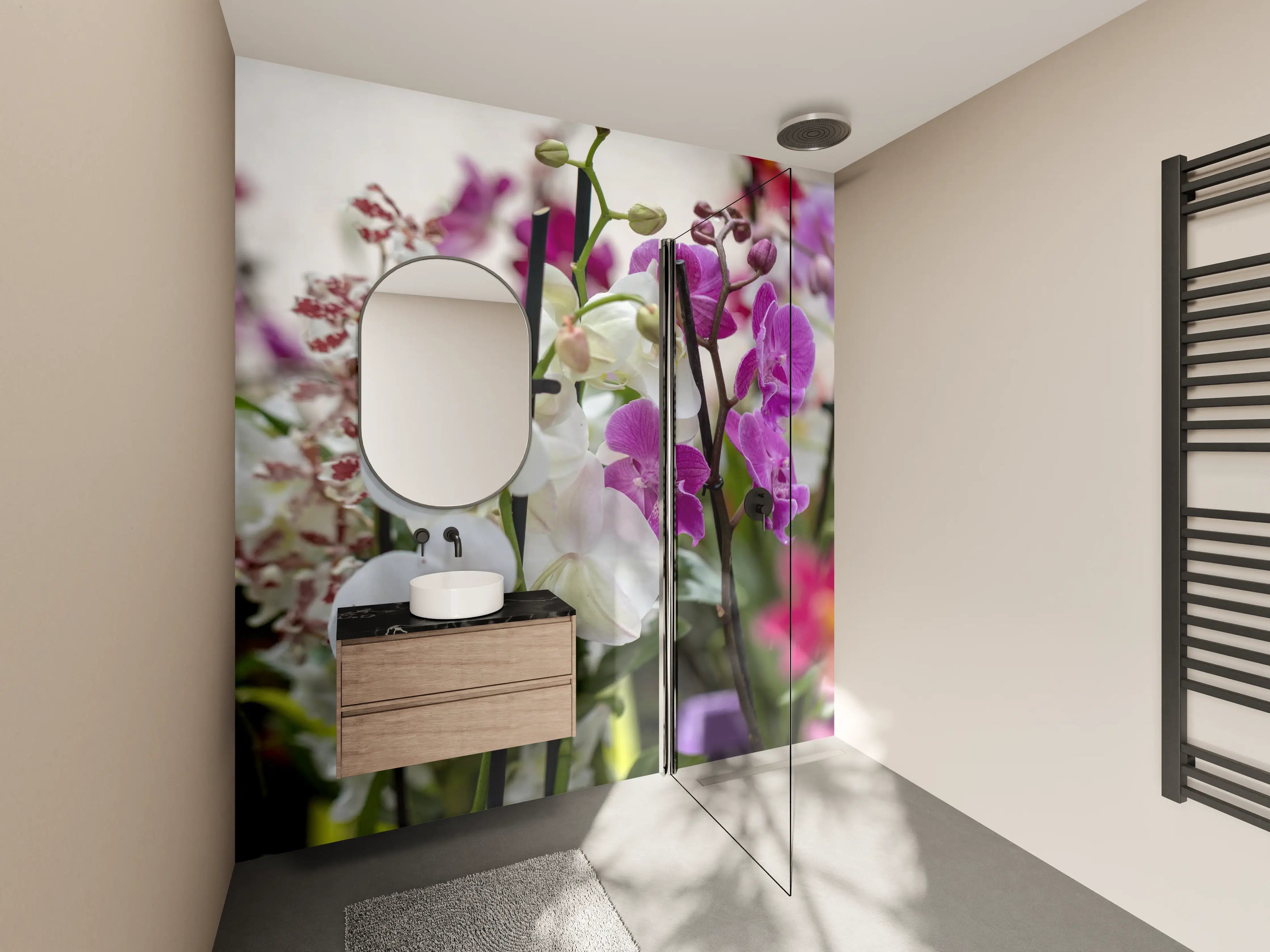 Wandverkleidung Bad - Nahaufnahme von bunten Orchideen