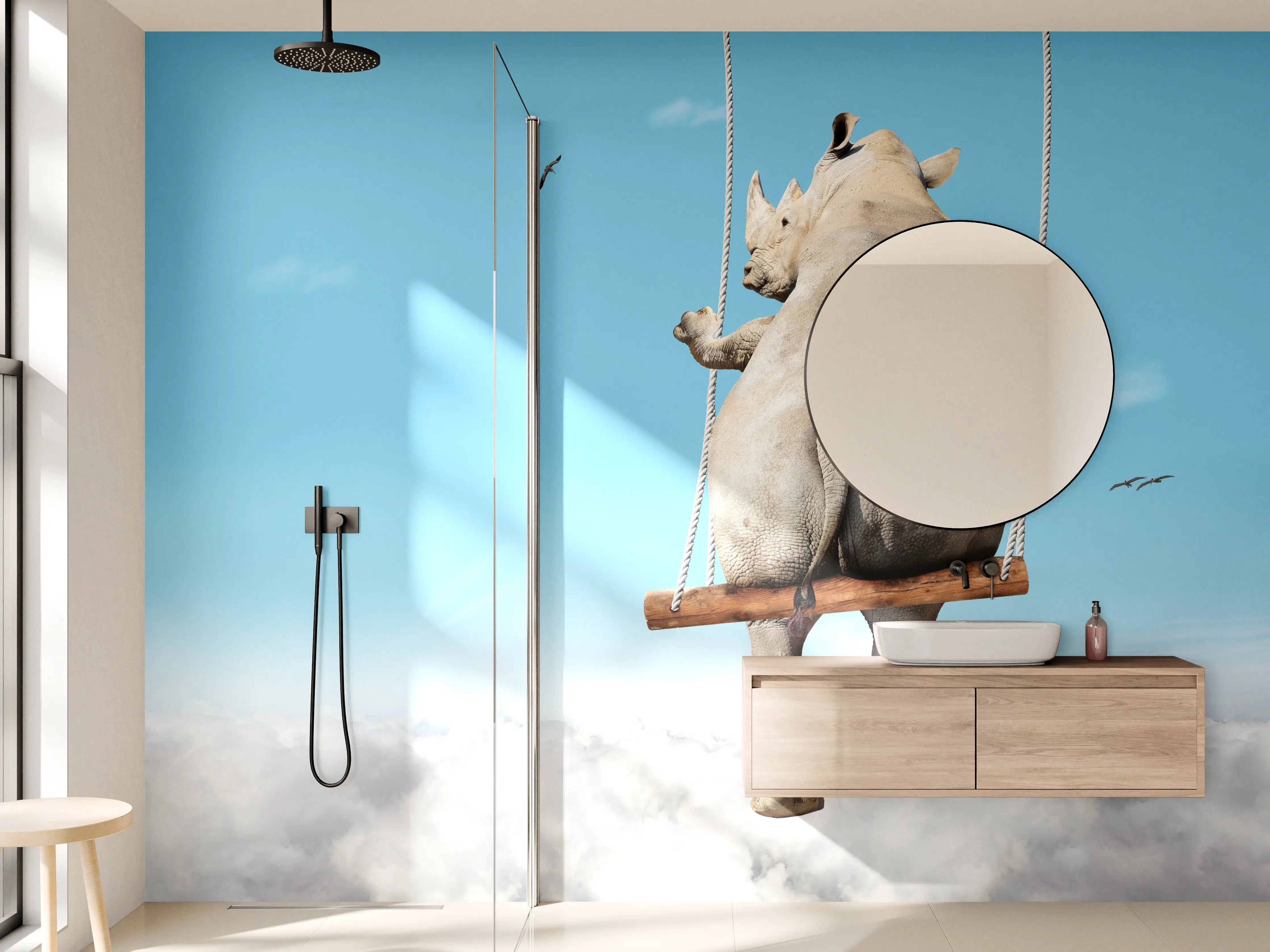 Wandverkleidung Bad - Nashorn schaukelt über den Wolken