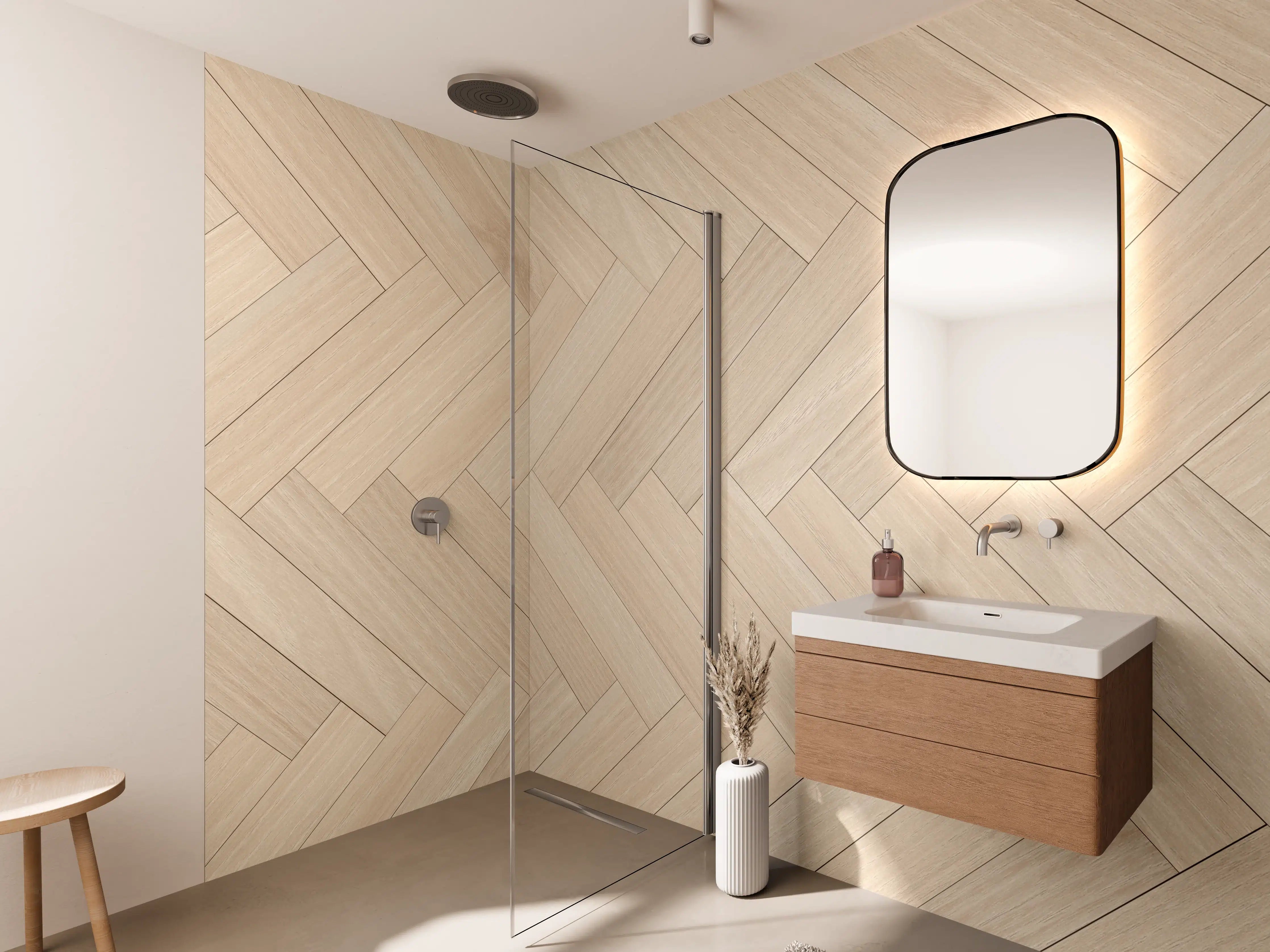 Wandverkleidung Bad - Natürliche Holztextur - Beige