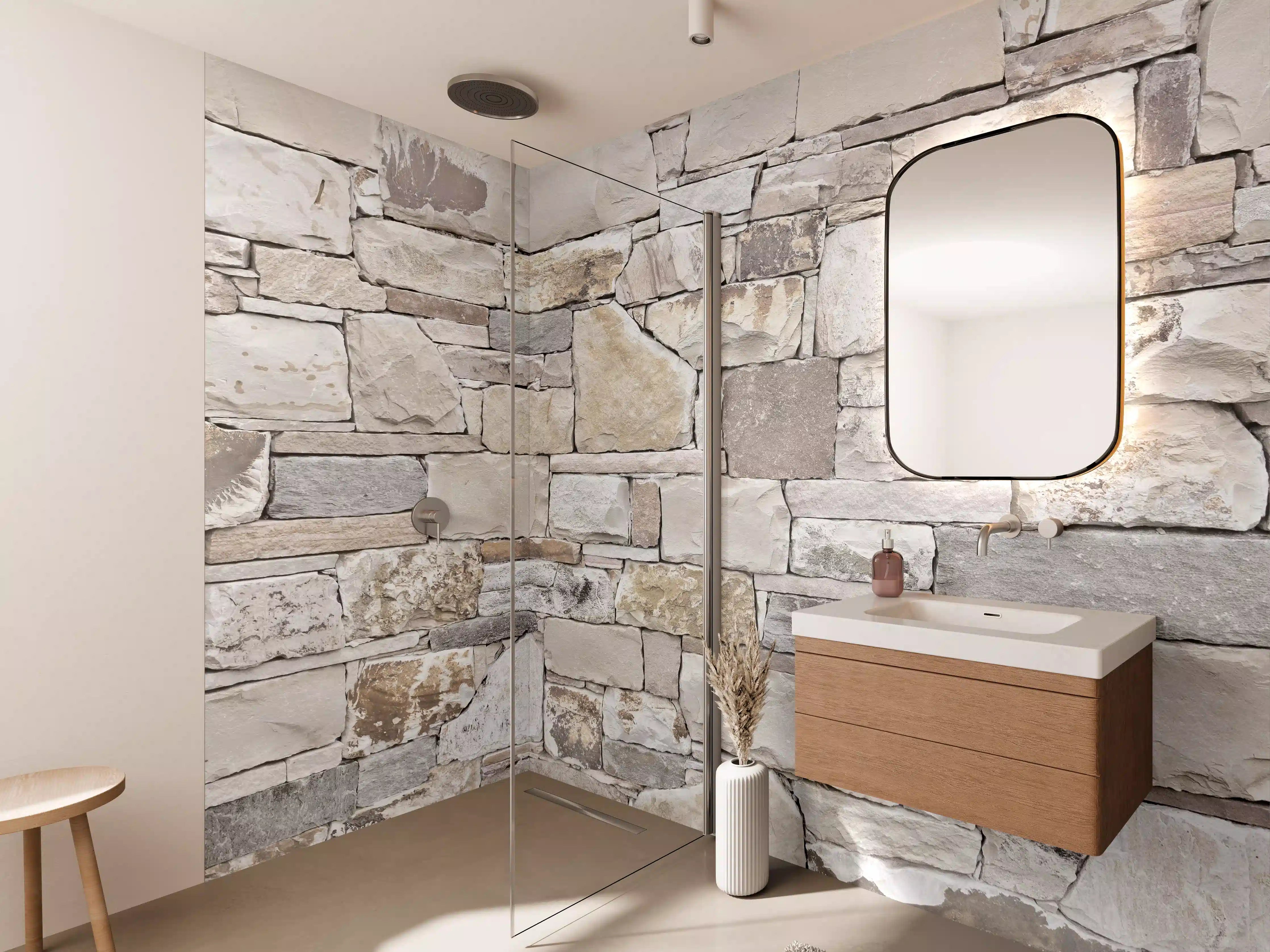Wandverkleidung Bad - Natürliche Steinmauer in Beige Tönen