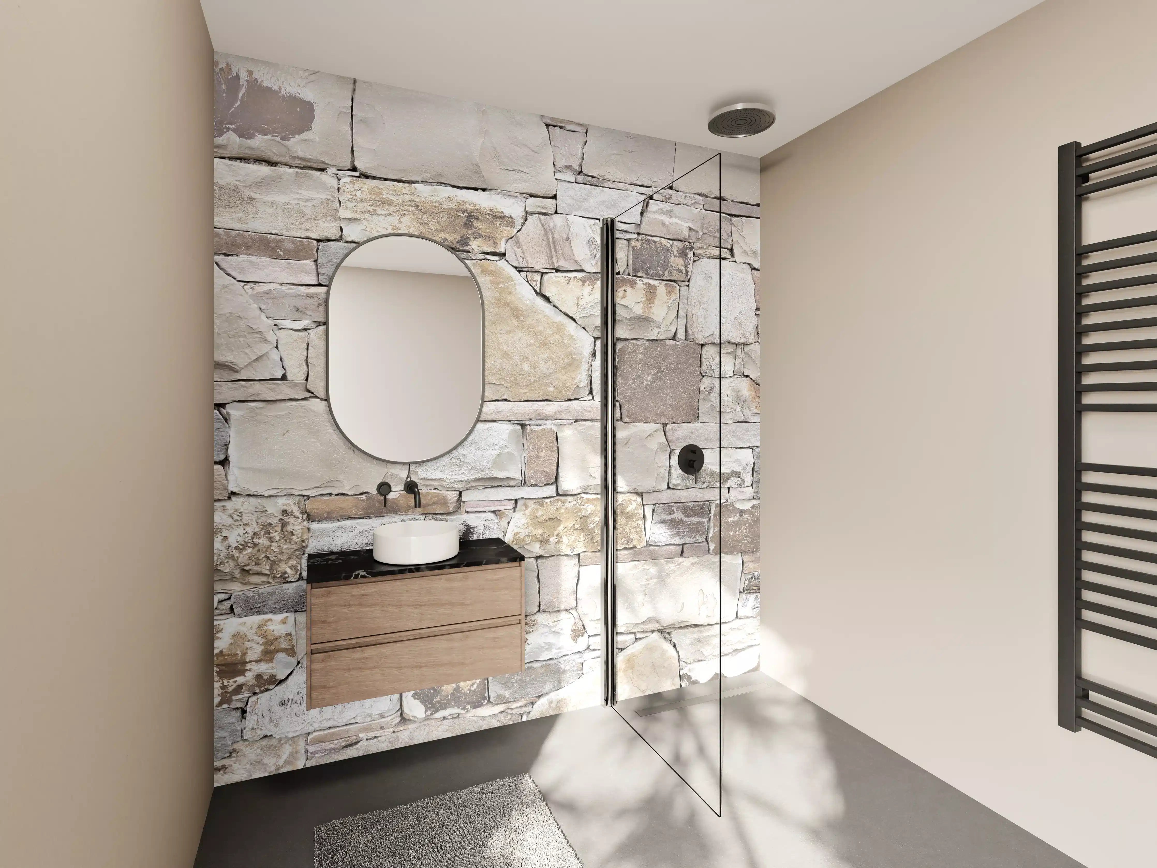 Wandverkleidung Bad - Natürliche Steinmauer in Beige Tönen