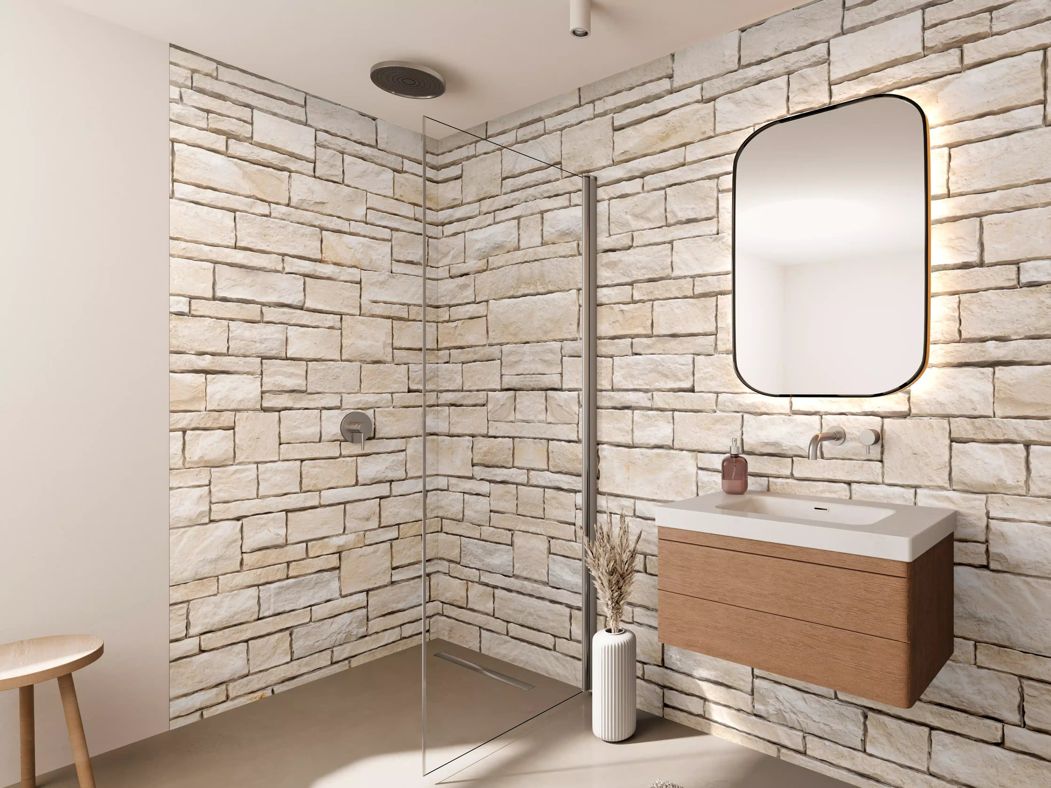 Wandverkleidung Bad - Natürliche beige Ziegelwand