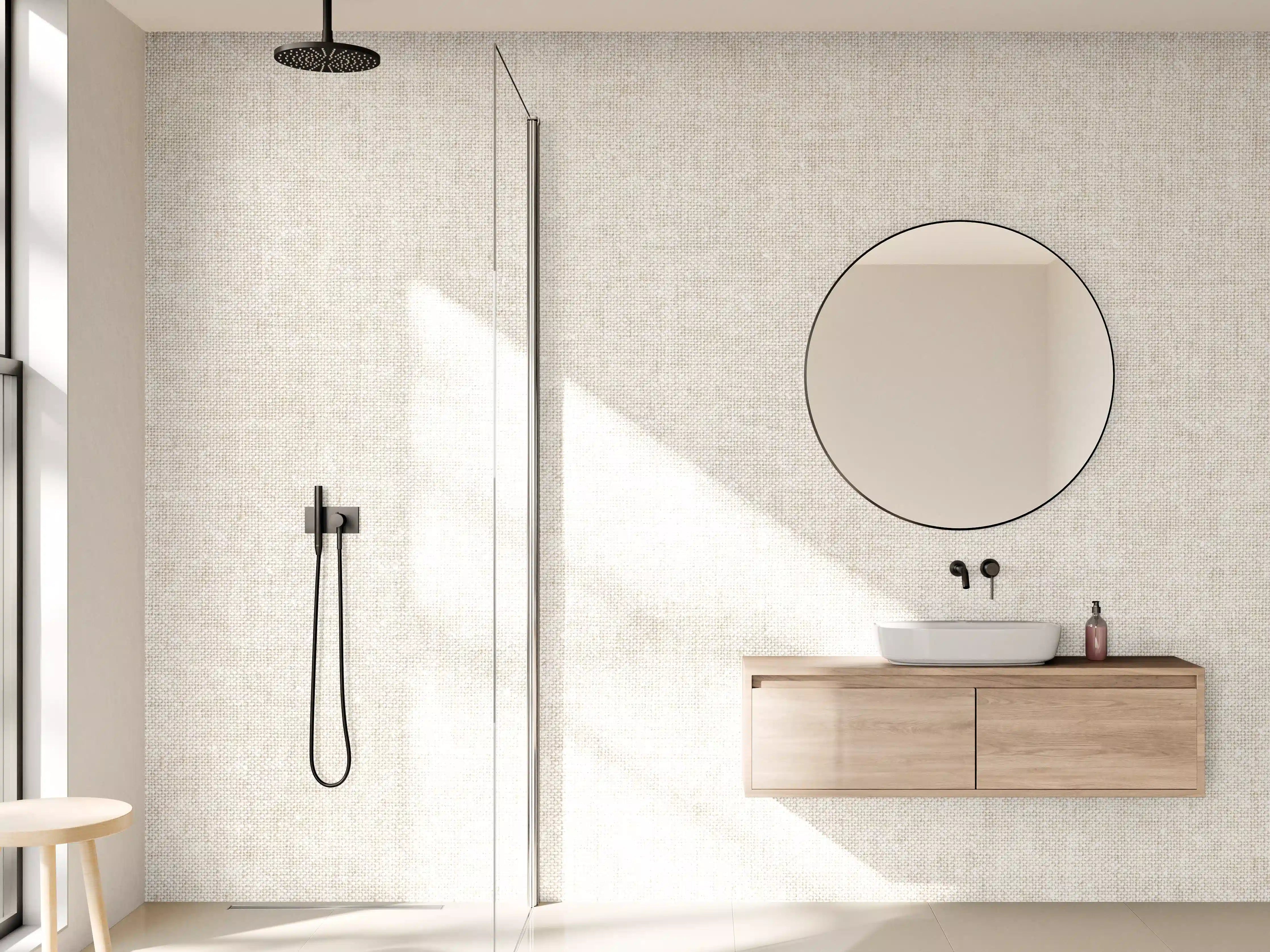 Wandverkleidung Bad - Naturbelassene Stofftextur in Grau-Beige