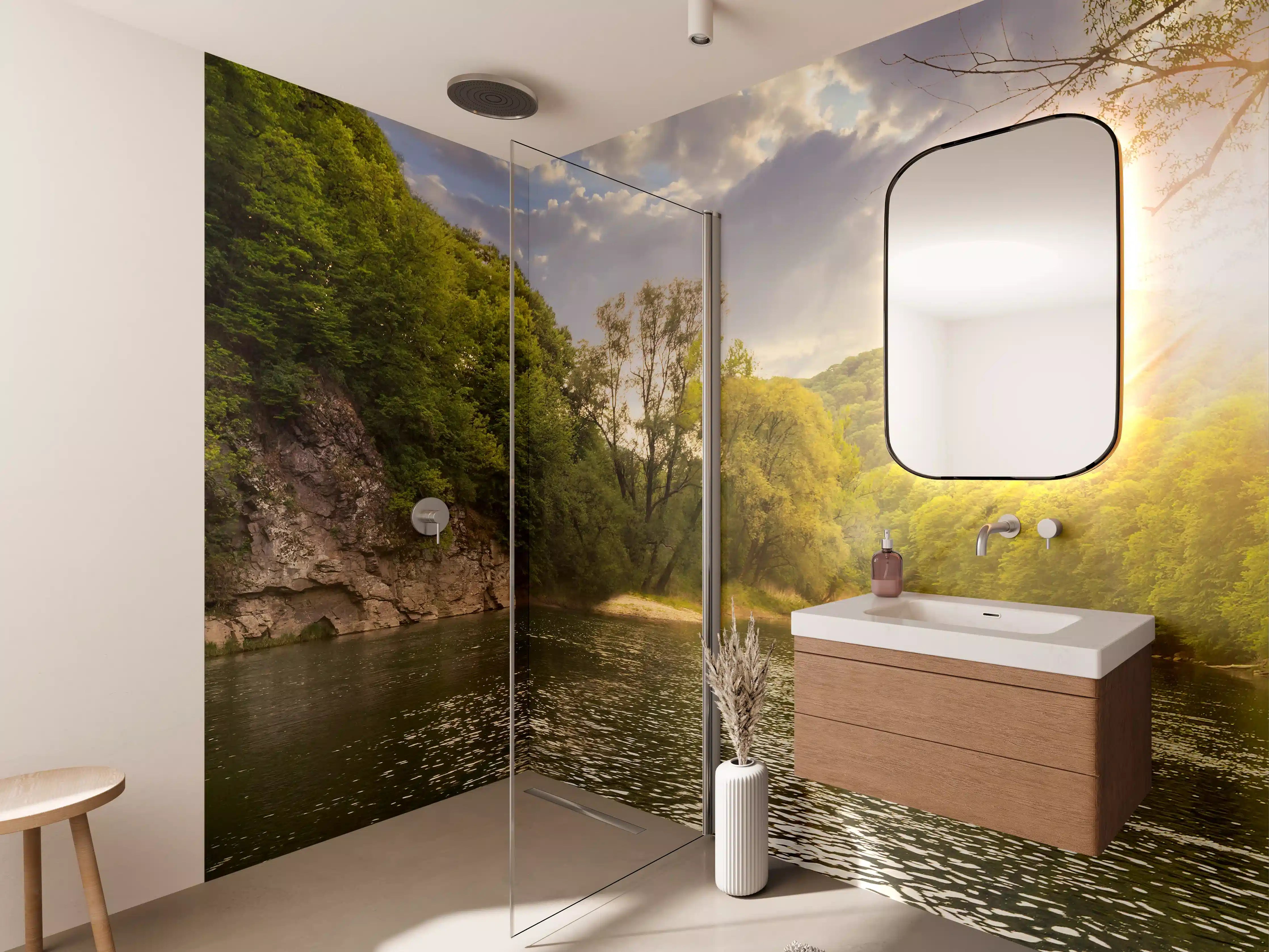 Wandverkleidung Bad - Naturidyll am Fluss mit Sonnenlicht