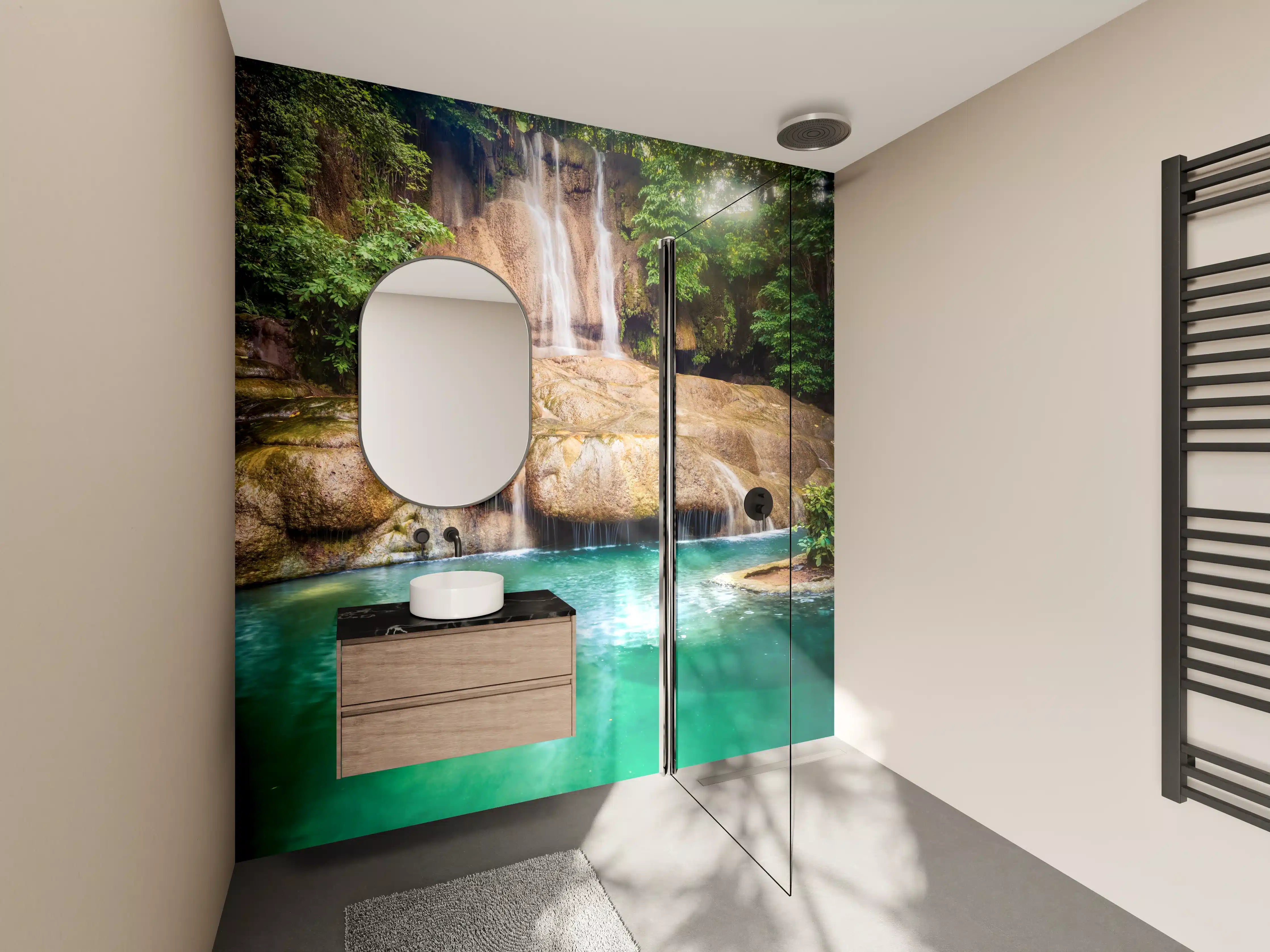 Wandverkleidung Bad - Naturpool mit Wasserfall in grünem Wald