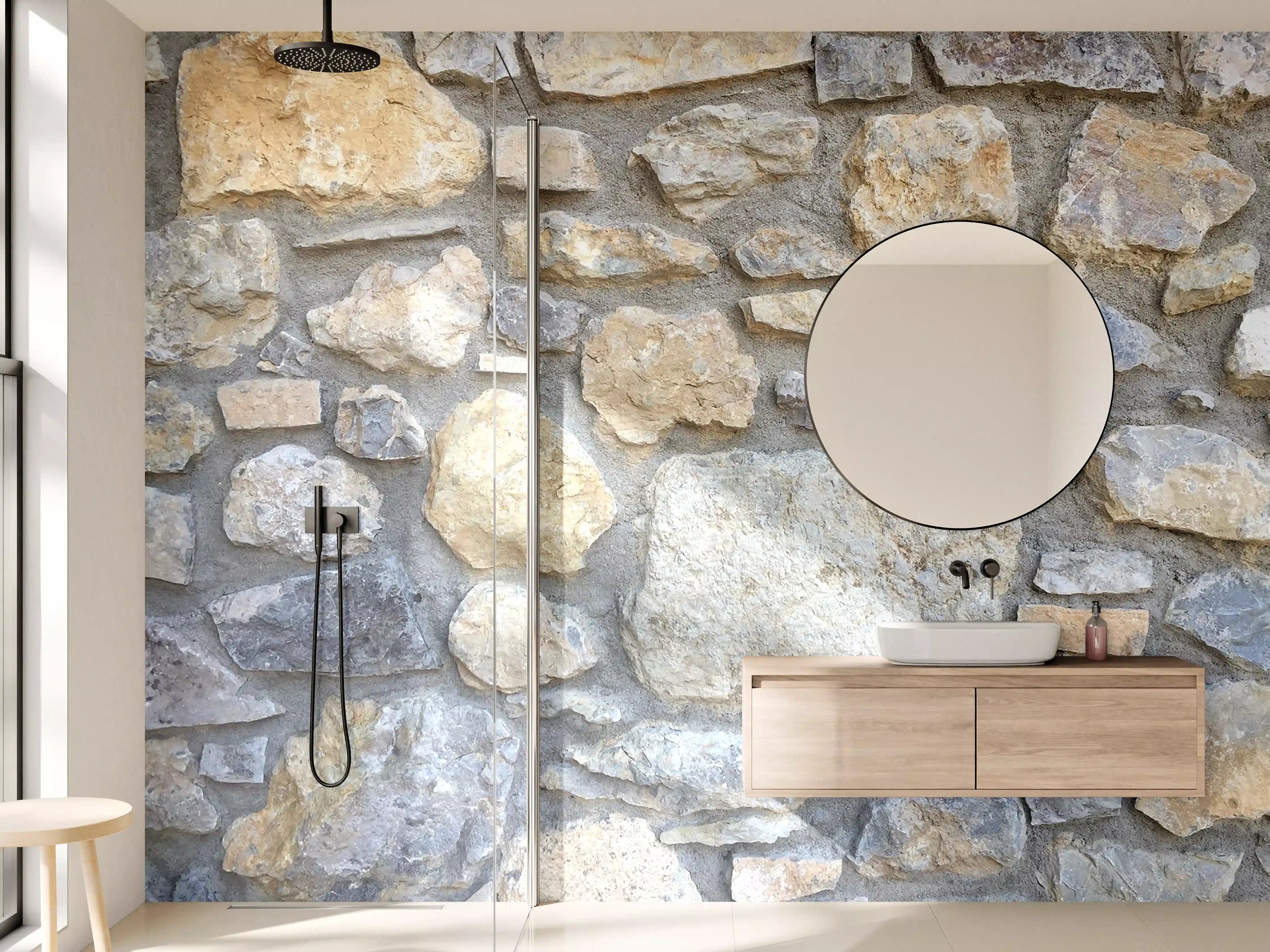 Wandverkleidung Bad - Naturstein Mauer mit beige-hellgrauen Tönen