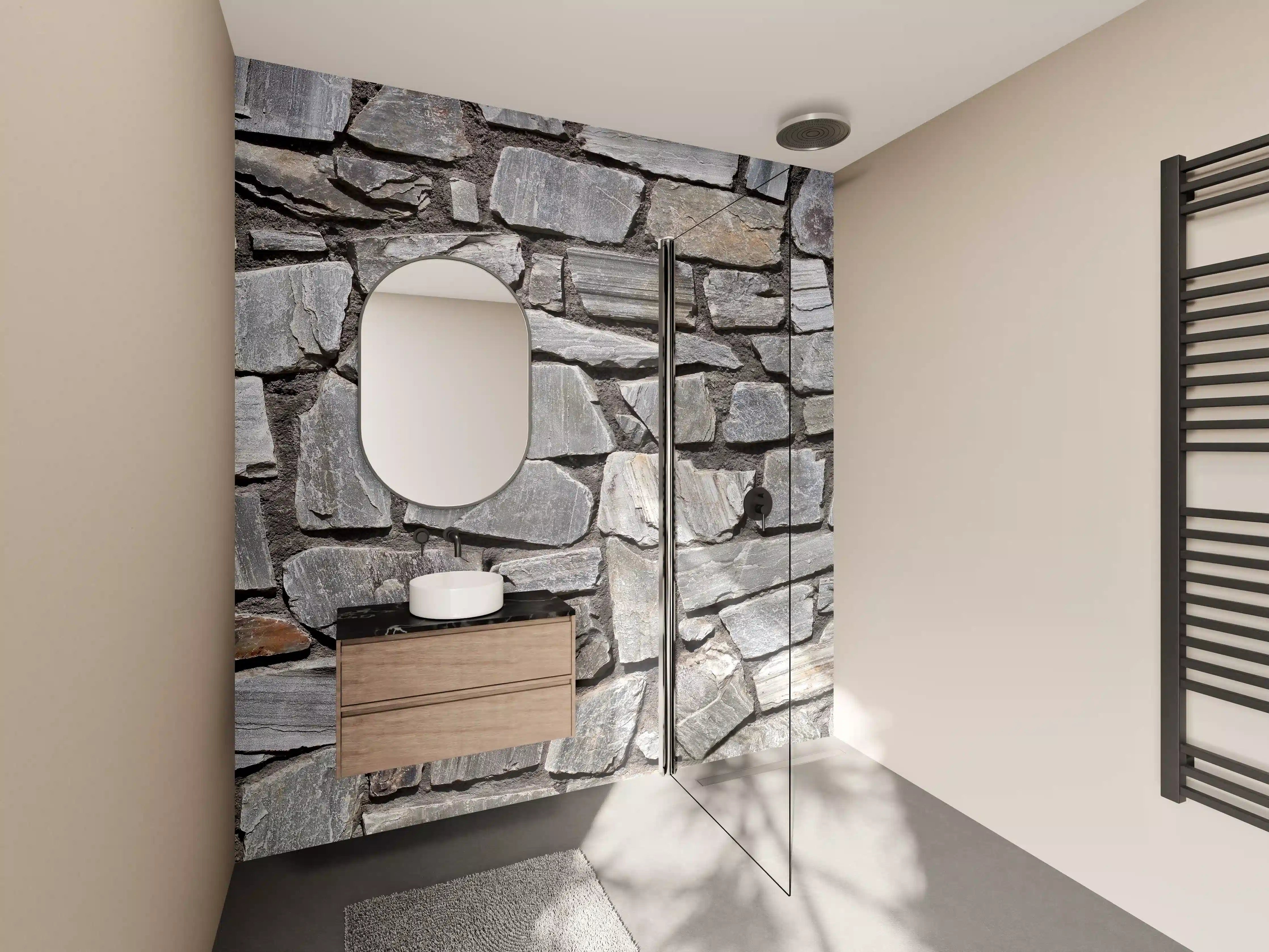 Wandverkleidung Bad - Natursteinmauer in Grau mit strukturierter Oberfläche