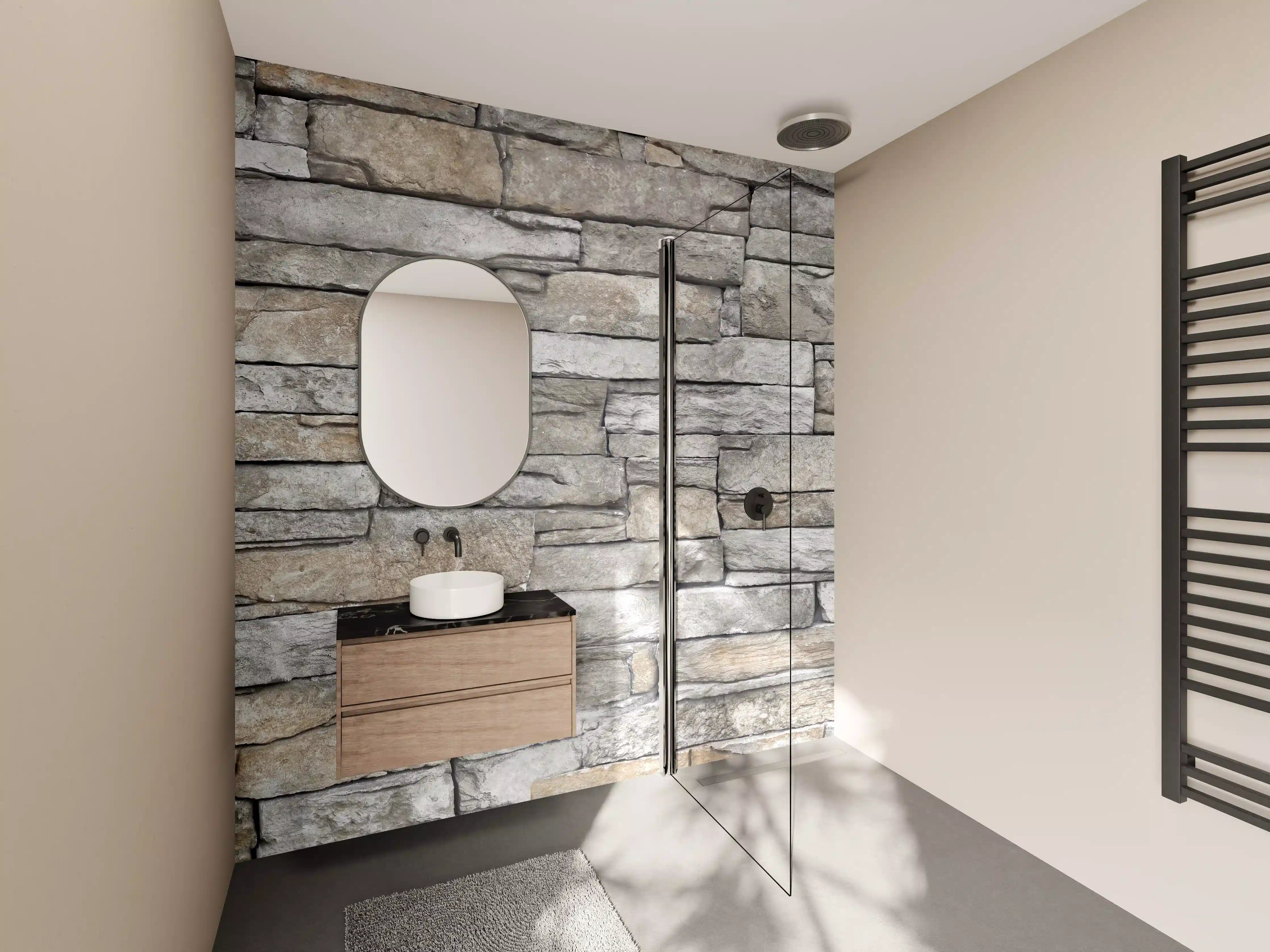 Wandverkleidung Bad - Natursteinmauer in neutralen Beige- und Grautönen