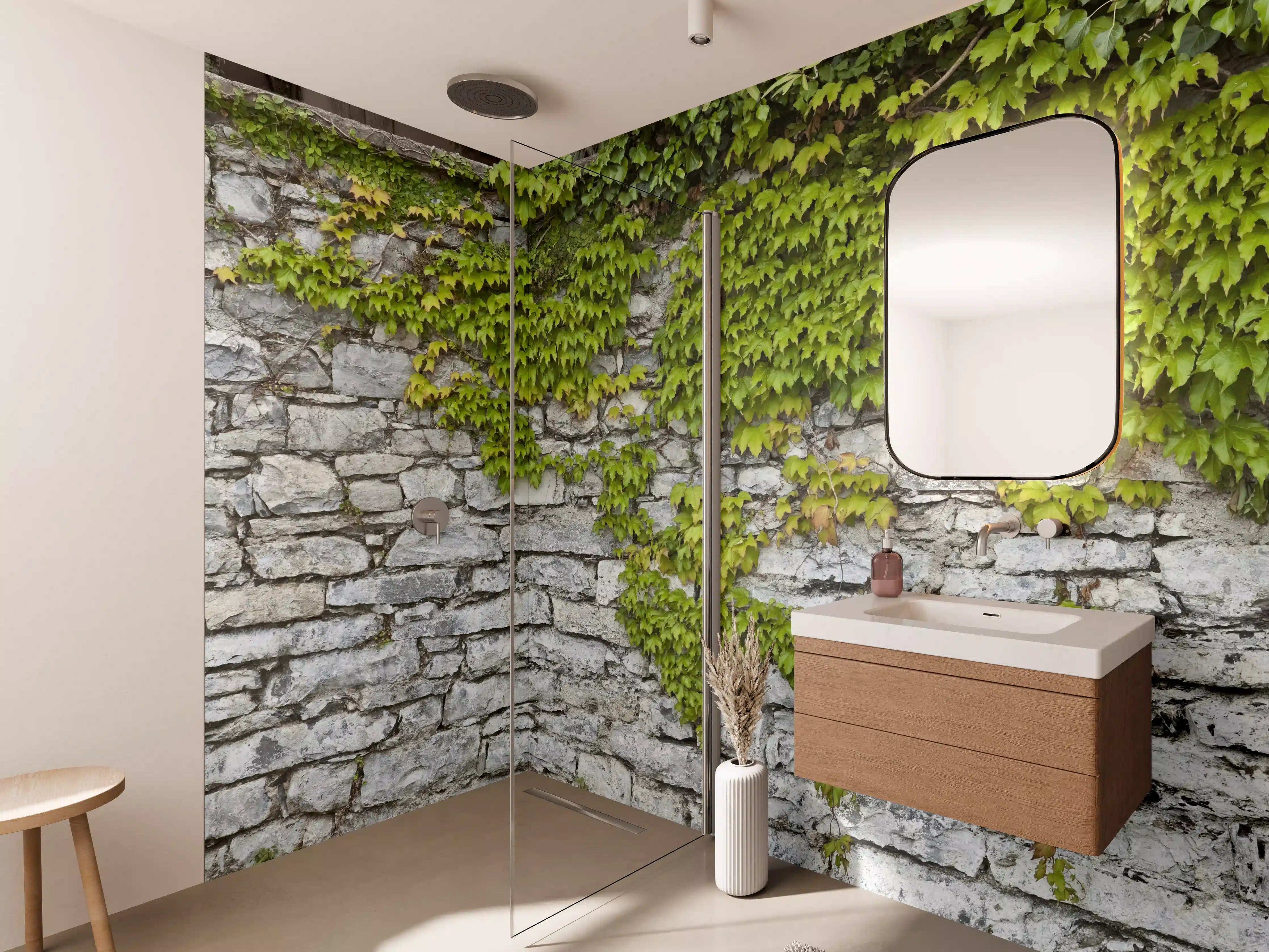 Wandverkleidung Bad - Natursteinmauer mit Weinlaub