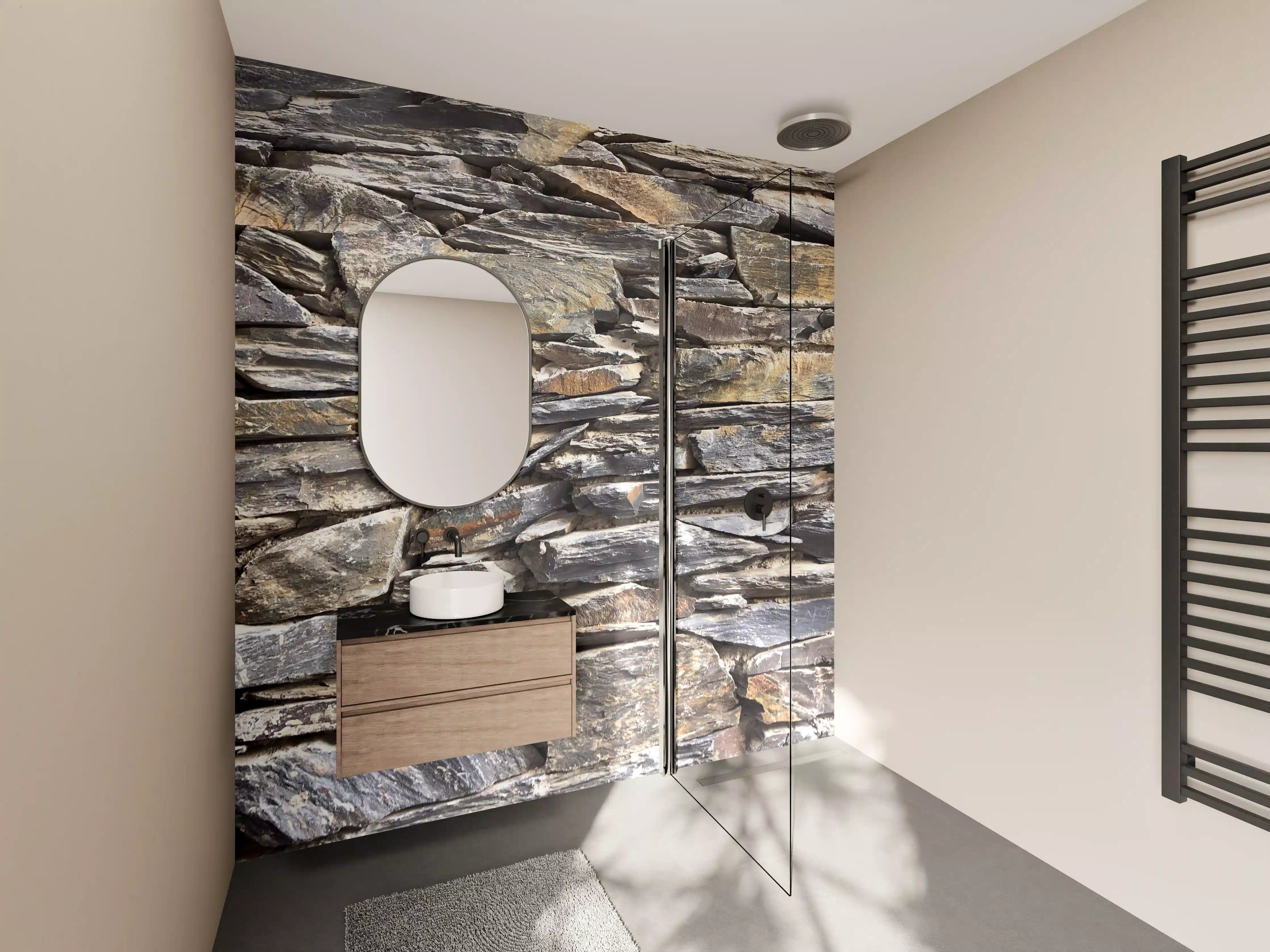 Wandverkleidung Bad - Natursteinwand mit grauer Textur