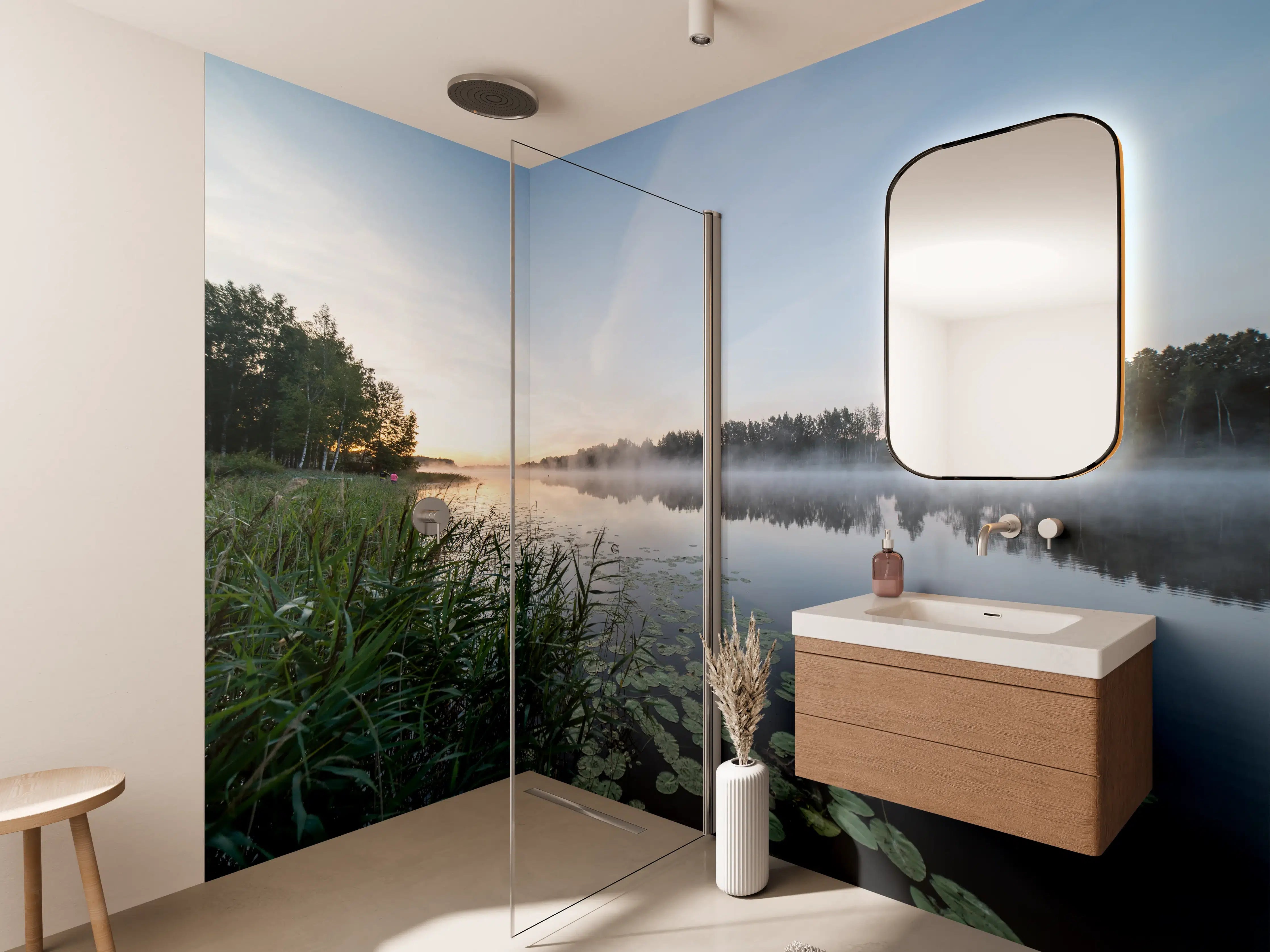 Wandverkleidung Bad - Nebel über ruhigem Fluss bei Sonnenaufgang