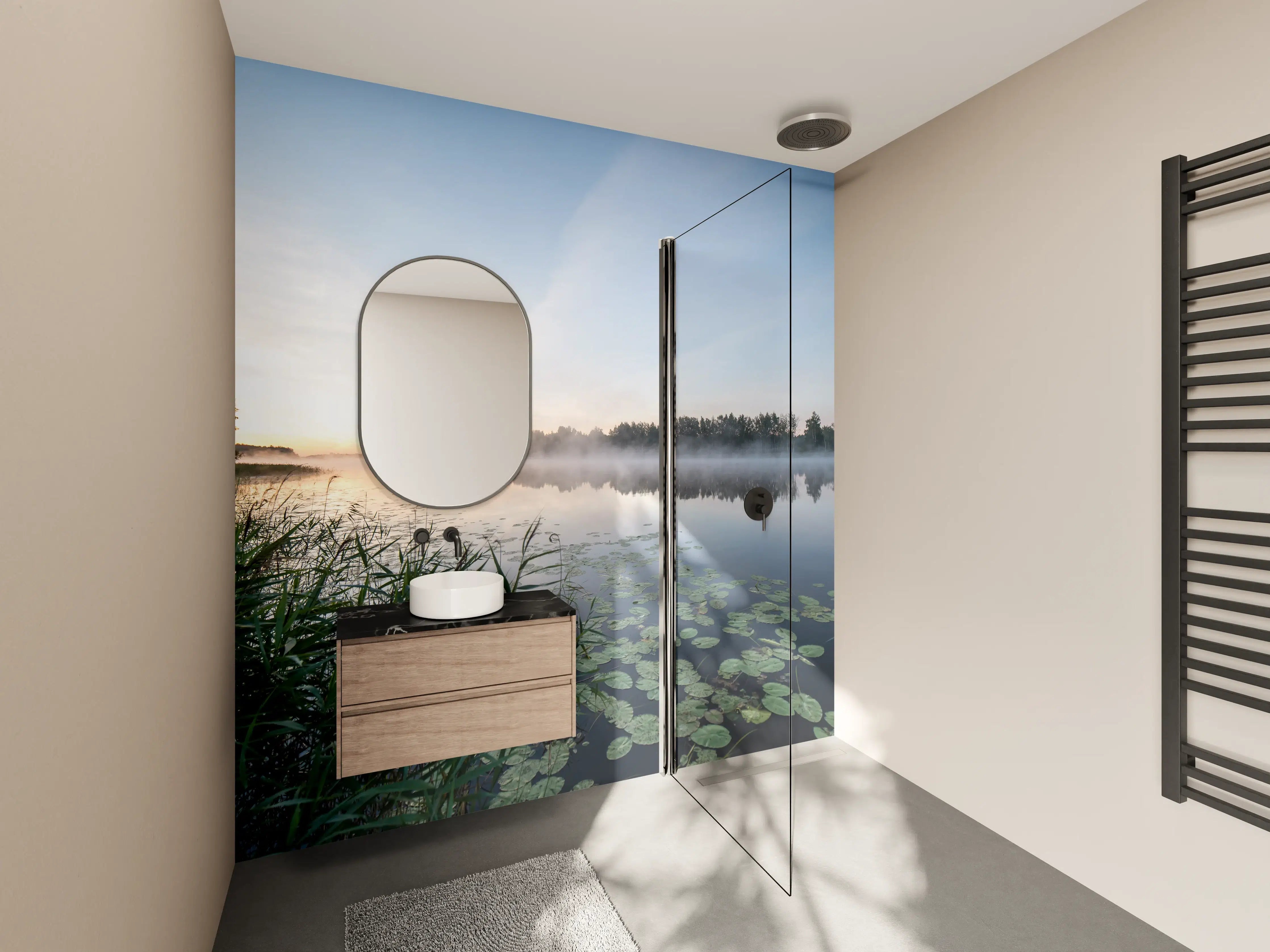 Wandverkleidung Bad - Nebel über ruhigem Fluss bei Sonnenaufgang