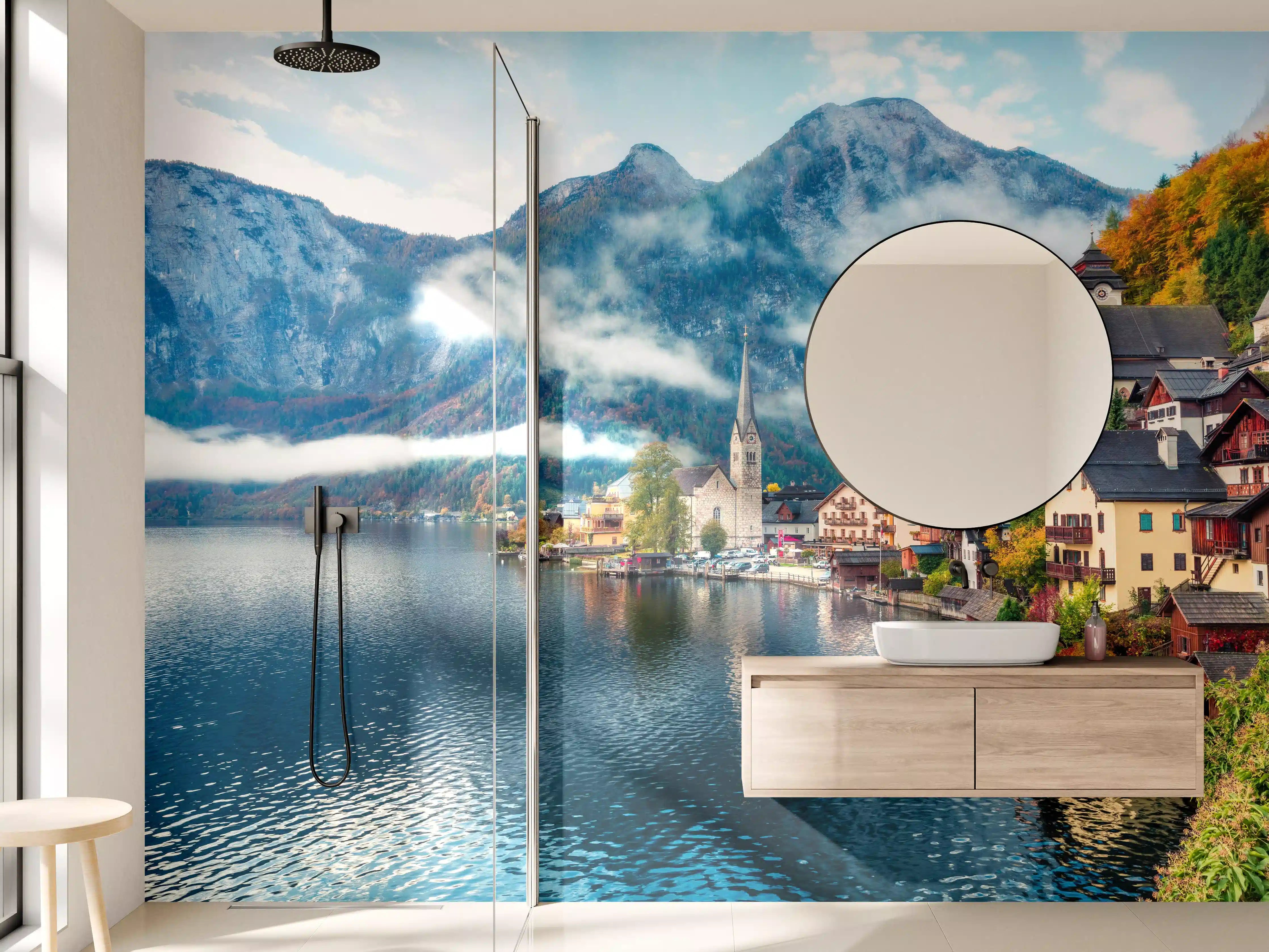 Wandverkleidung Bad - Neblige Herbstszene am Hallstätter See