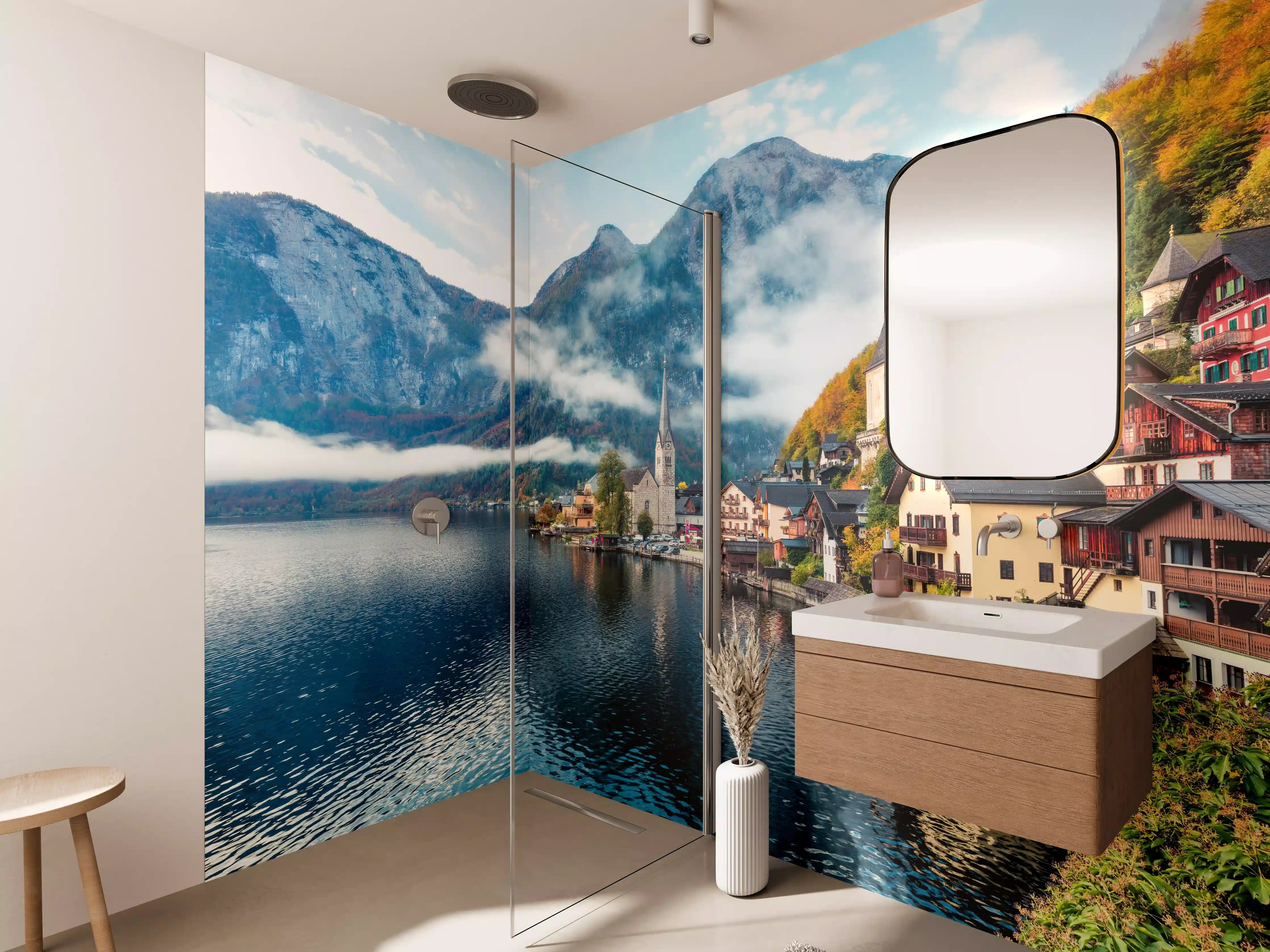 Wandverkleidung Bad - Neblige Herbstszene am Hallstätter See
