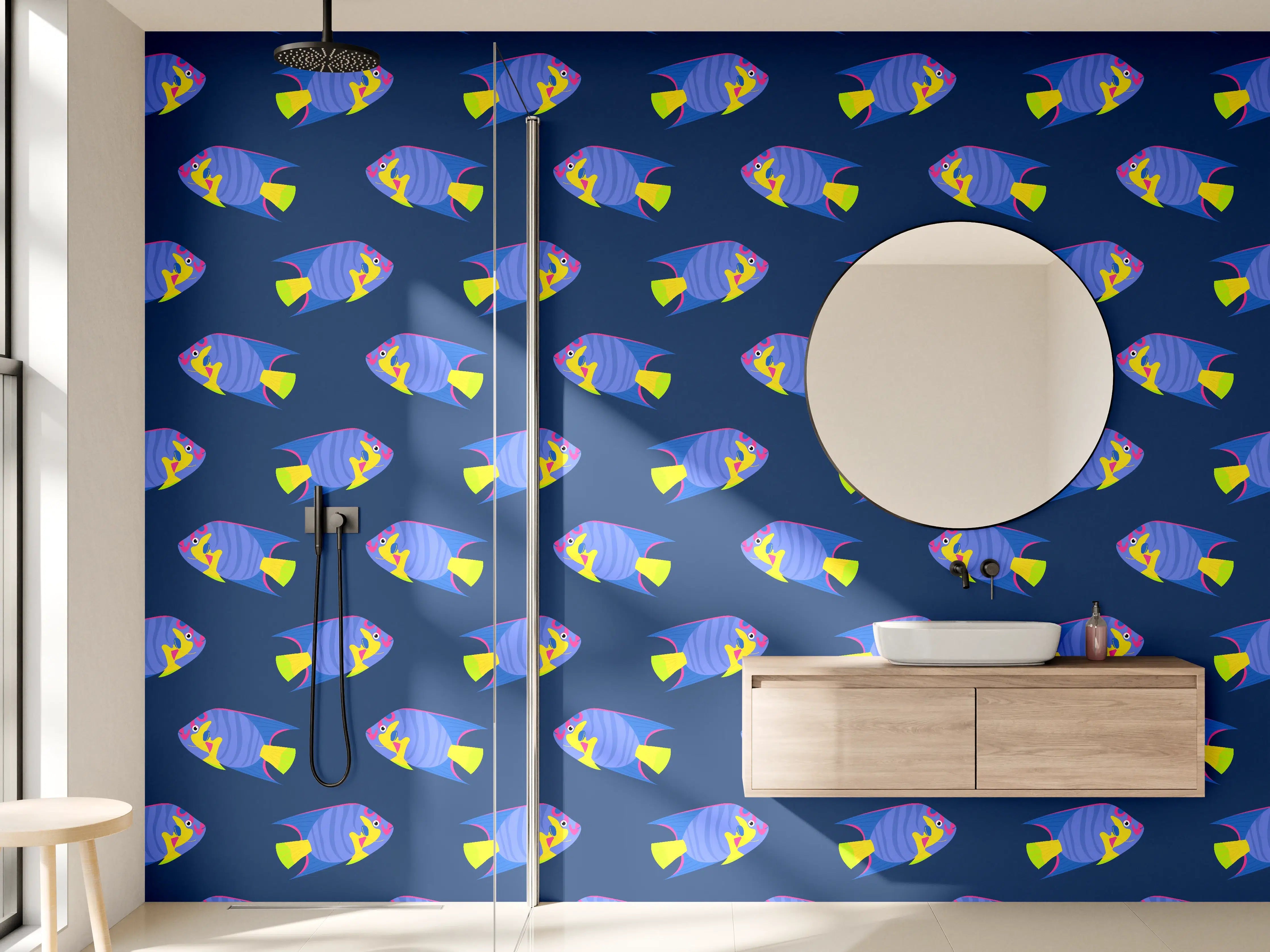 Wandverkleidung Bad - Neon-Fische Blau-Gelb Muster