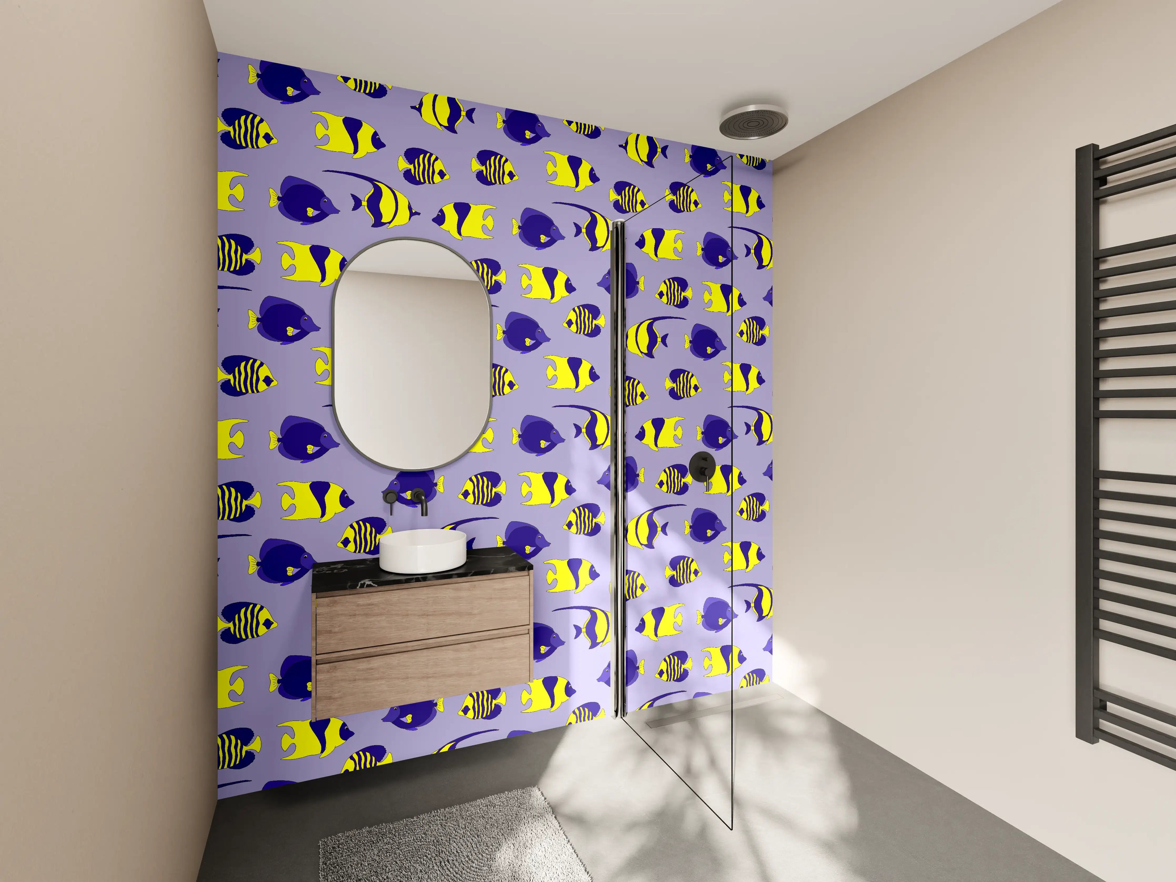 Wandverkleidung Bad - Neon-Fische Gelb-Blau Muster