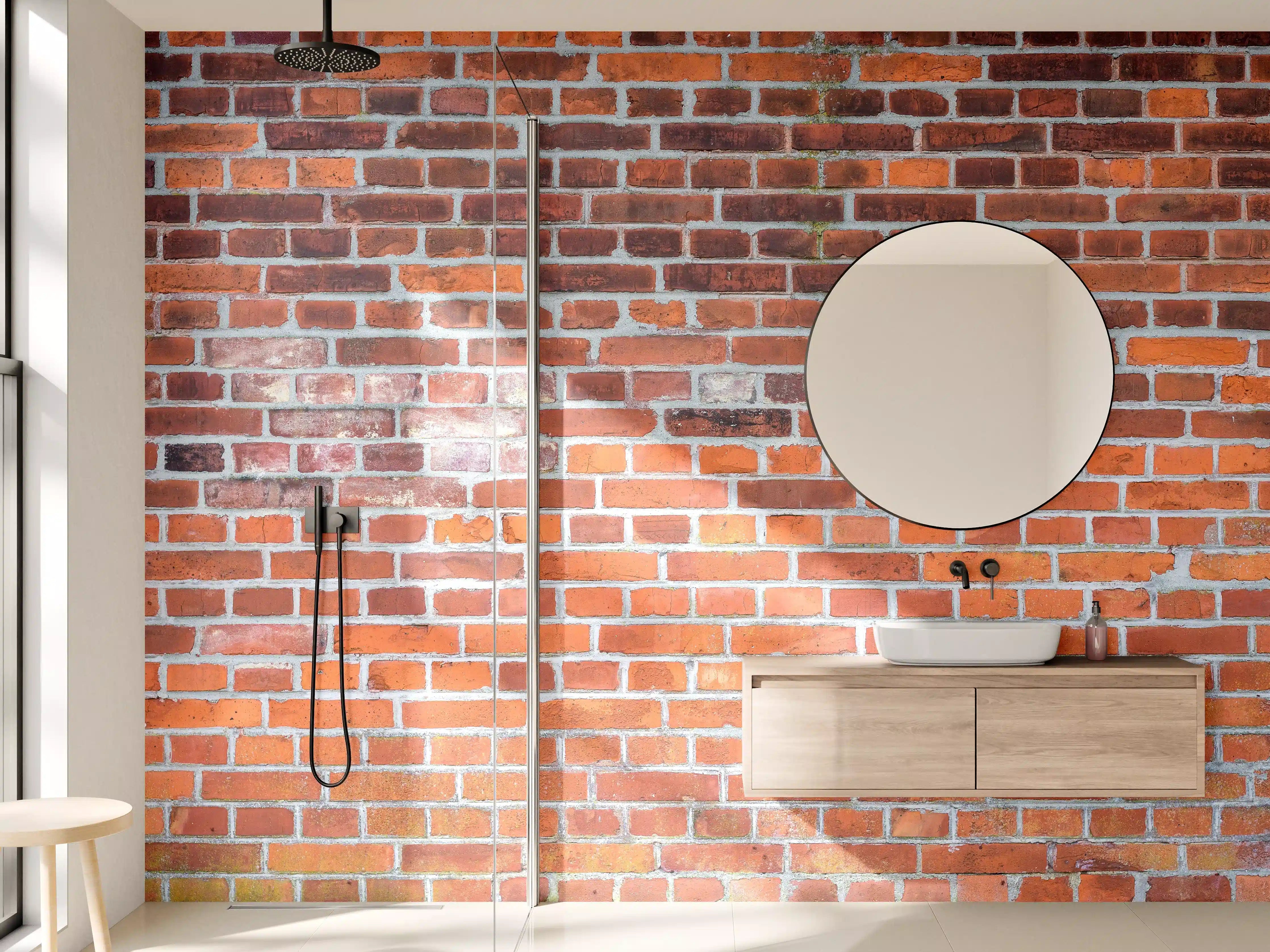 Wandverkleidung Bad - Neutrale Ziegelwand mit warmen Rottönen