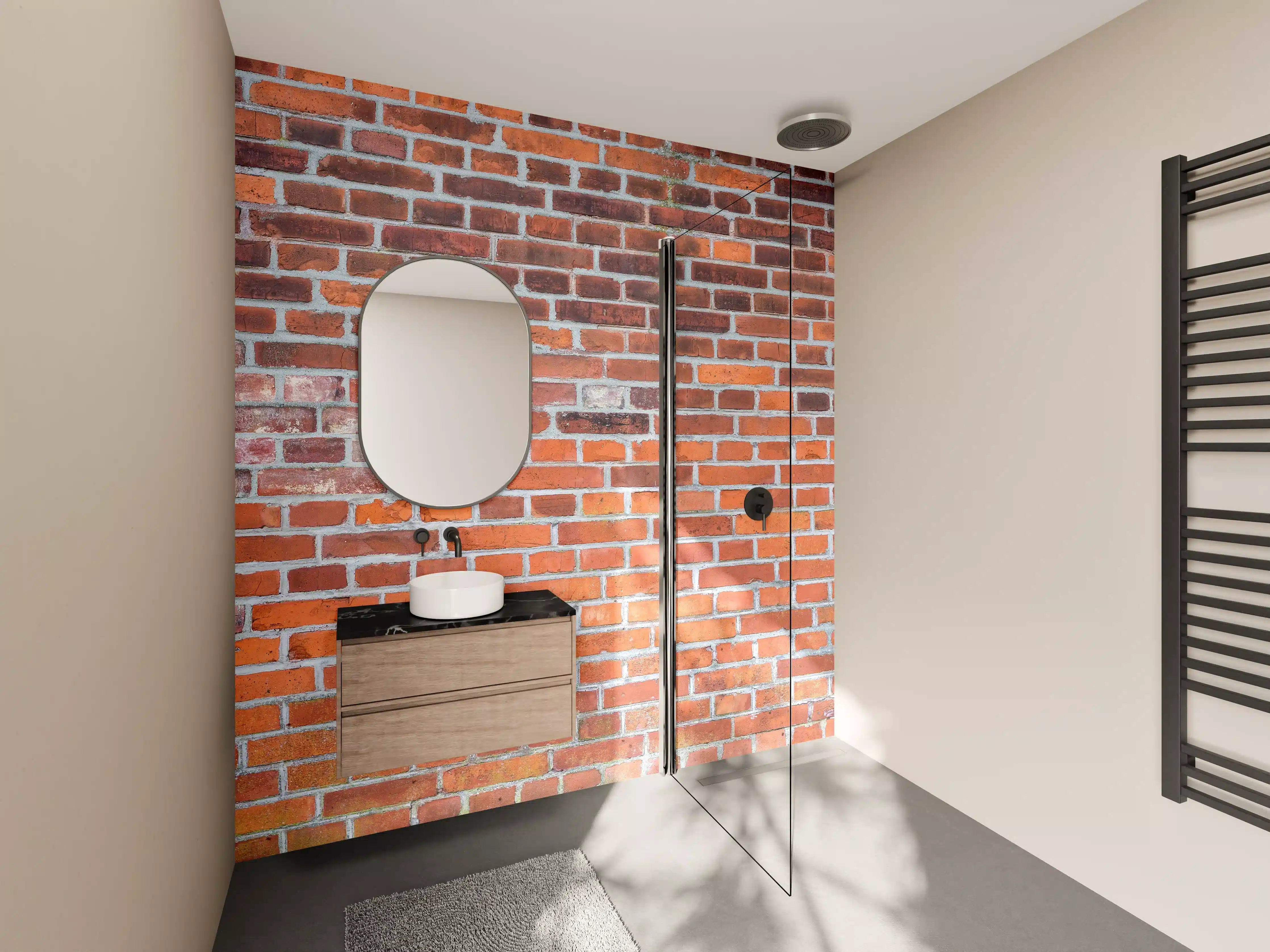 Wandverkleidung Bad - Neutrale Ziegelwand mit warmen Rottönen