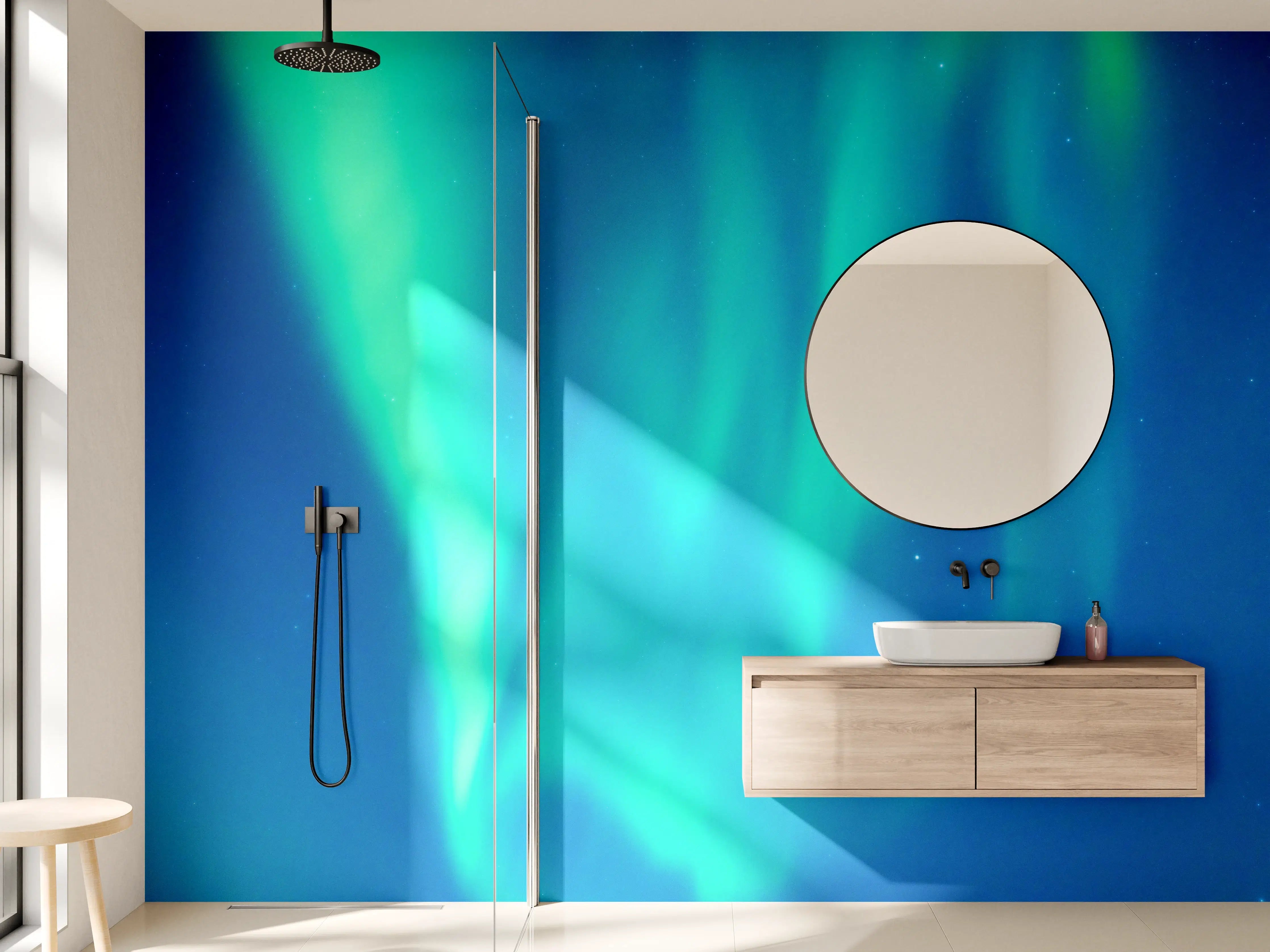 Wandverkleidung Bad - Nordlichter in grünen und blauen Tönen