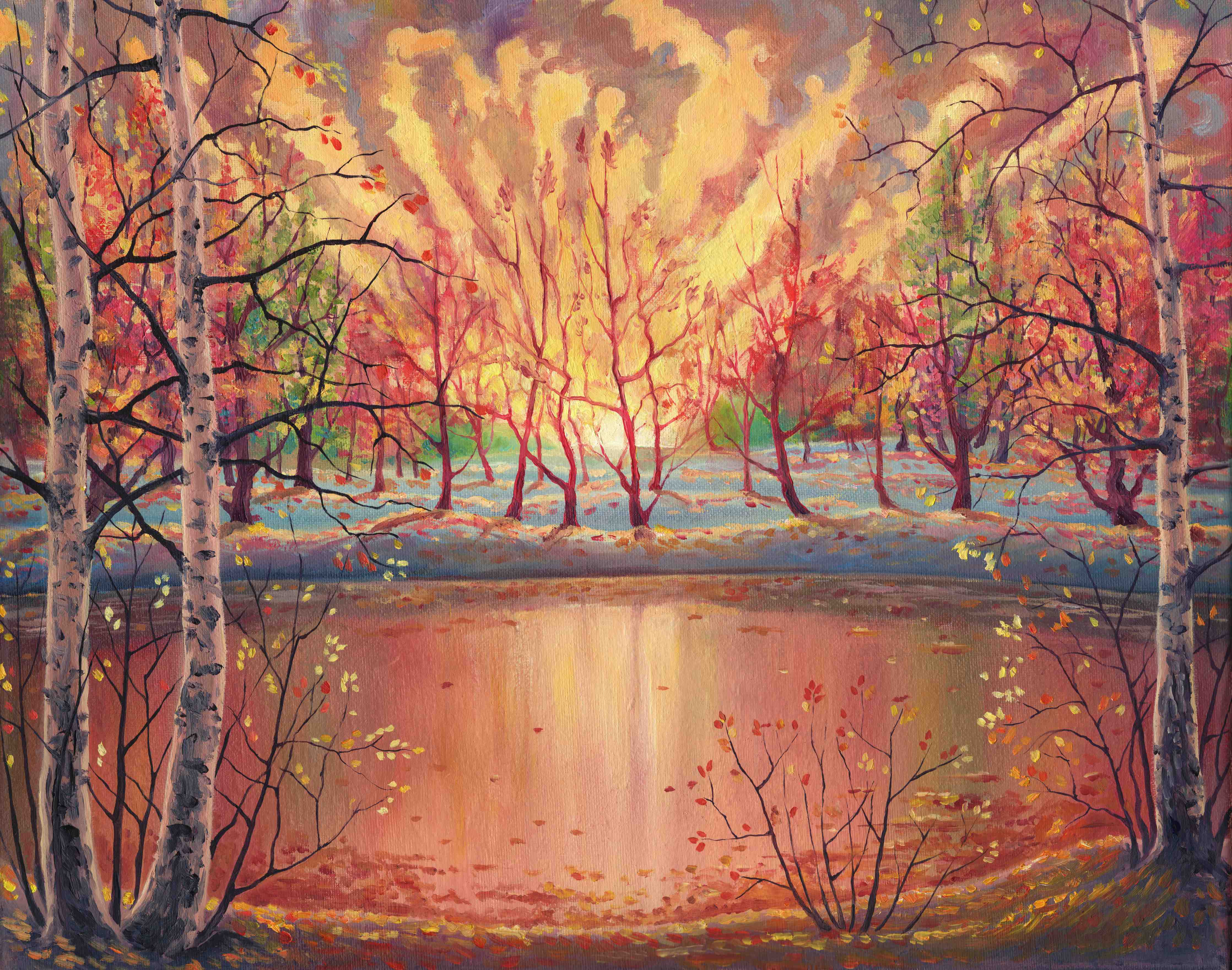 Wandverkleidung Bad-Ölgemälde Sonnenuntergang Herbstlandschaft