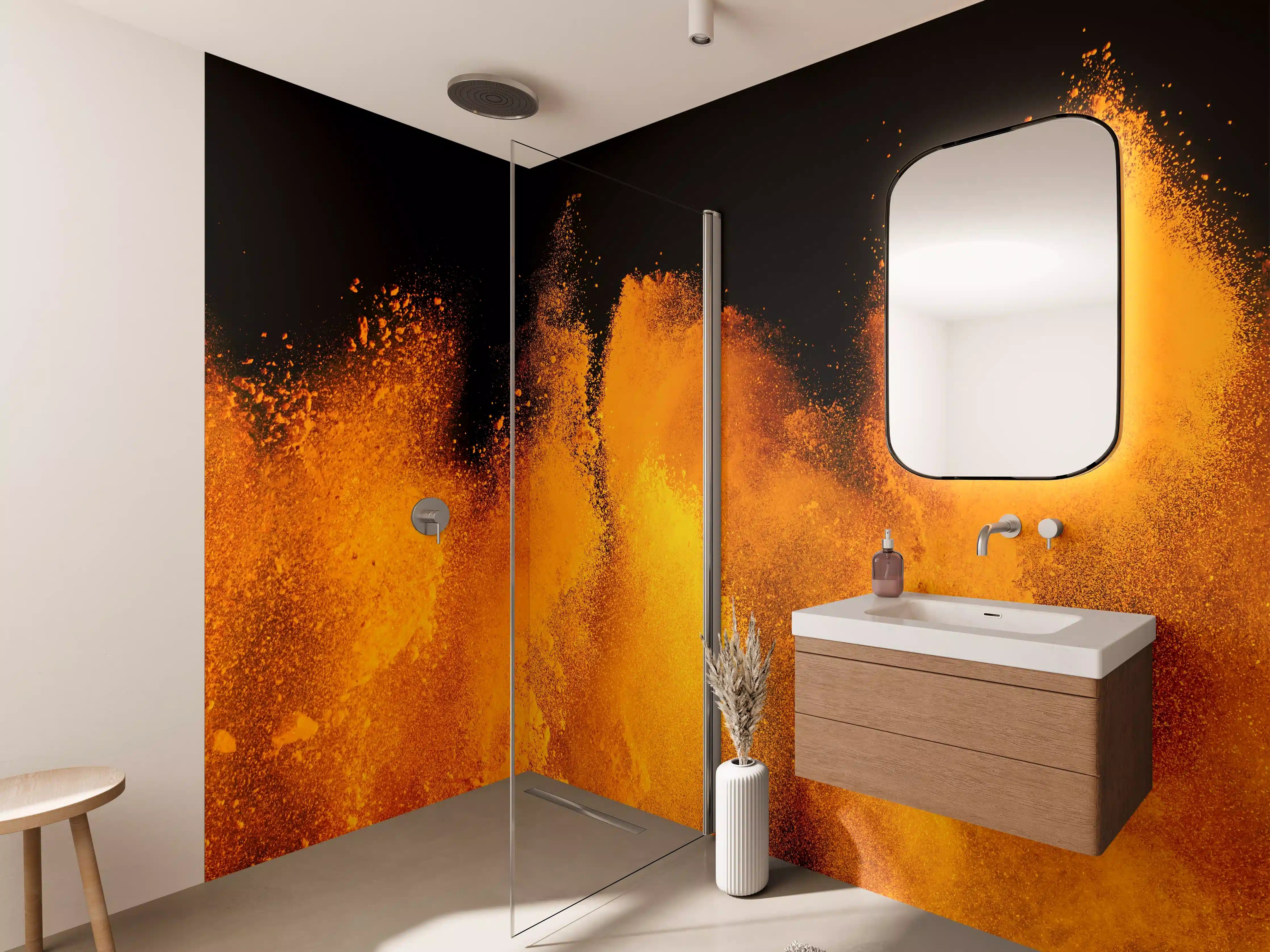 Wandverkleidung Bad - Orange-Rote Holi Farbexplosion