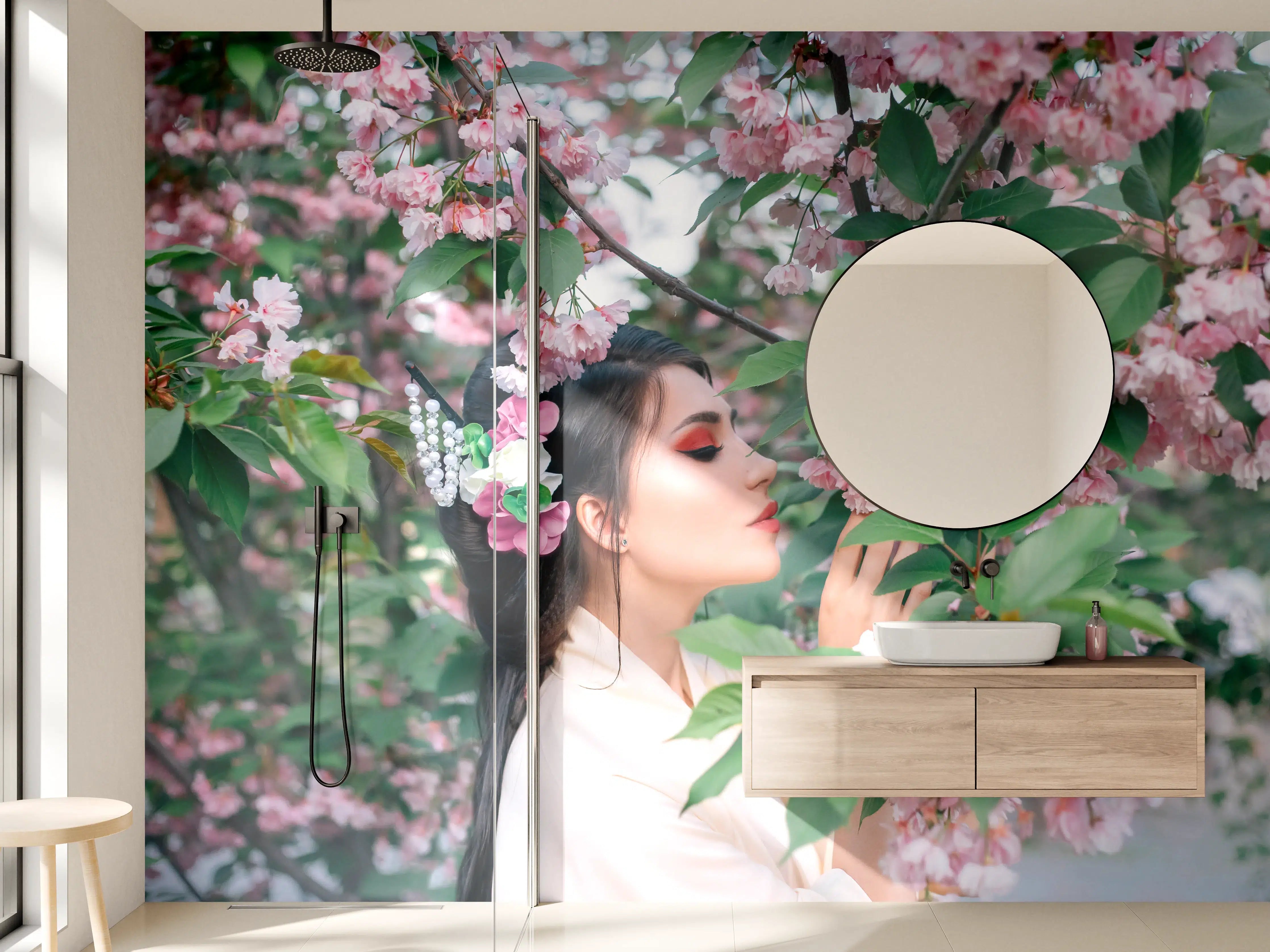 Wandverkleidung Bad - Orientalische Frau in Sakura-Blüten